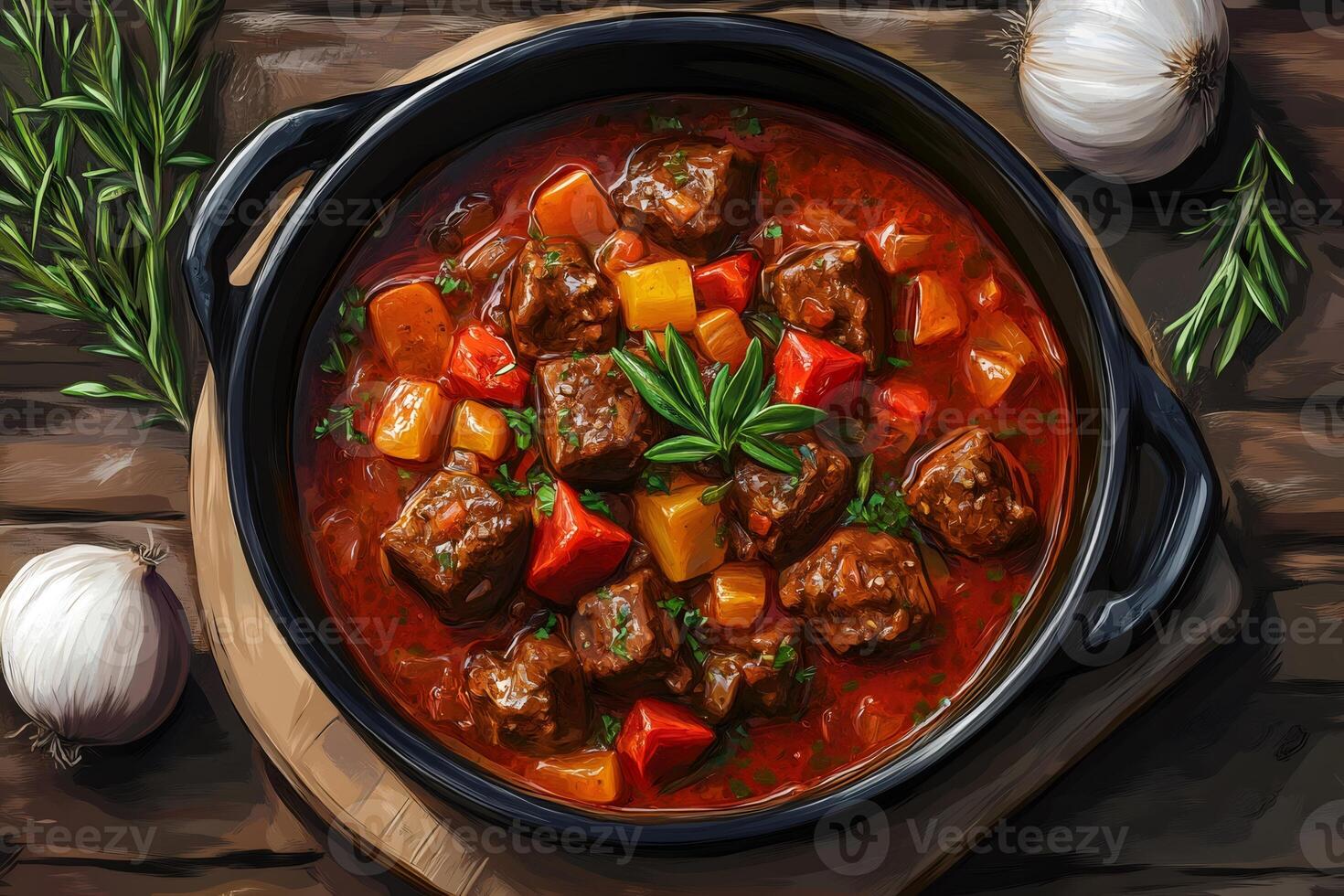 Delicious beef stew simmering in a pot with rosemary and garlic photo