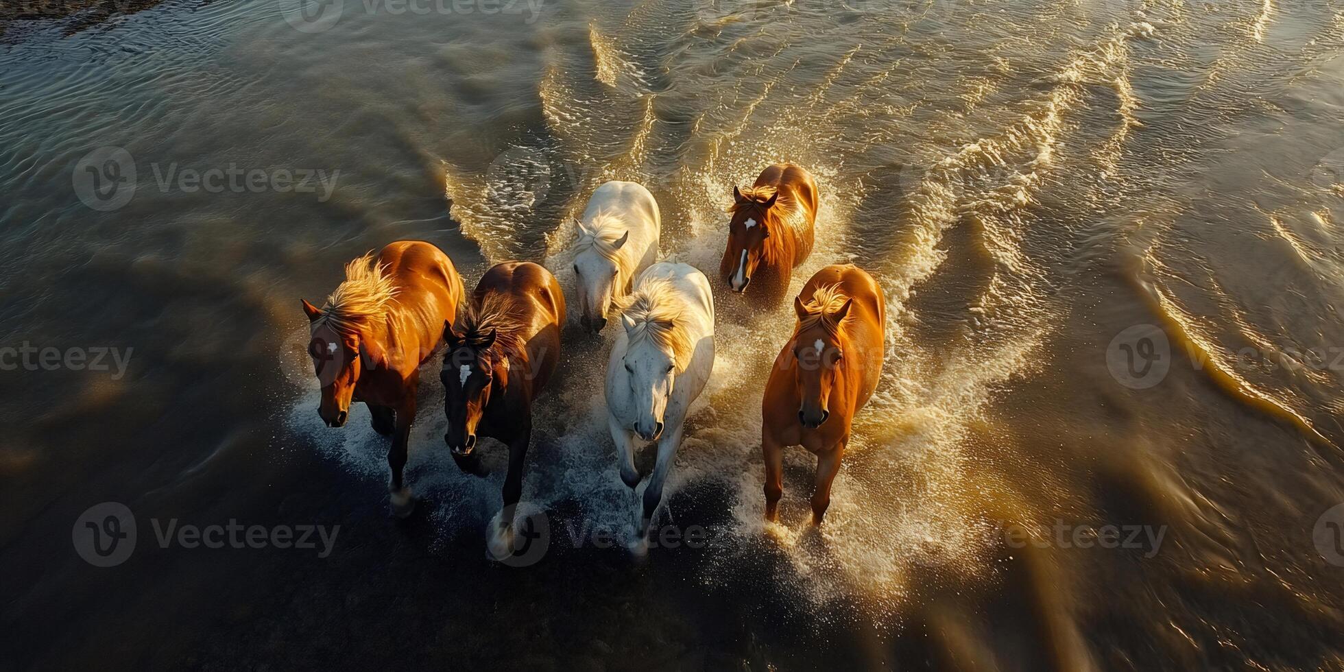 Herd of horses running in river at sunset photo