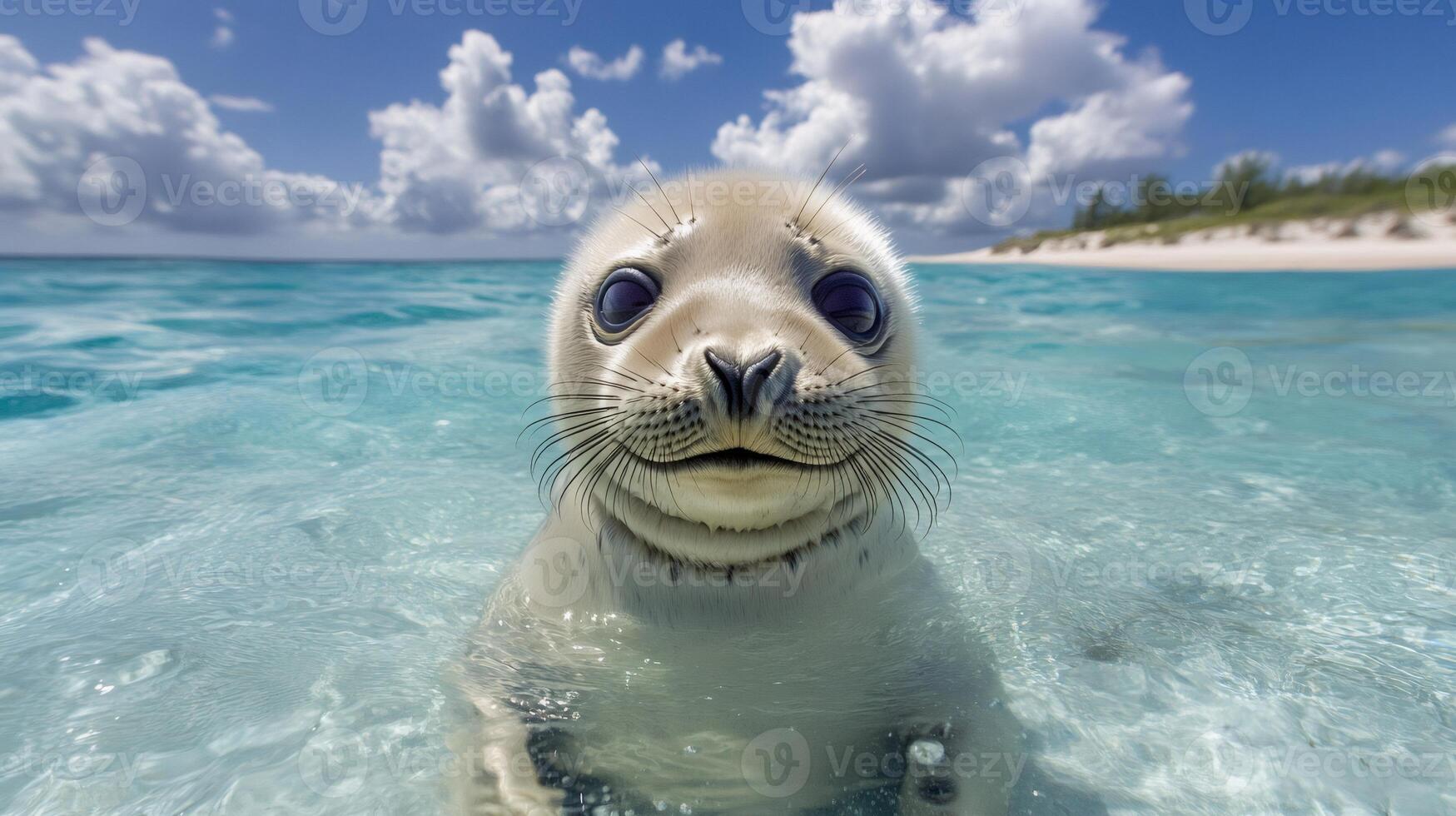 Cute baby seal swimming in ocean with white sand beach and clouds photo