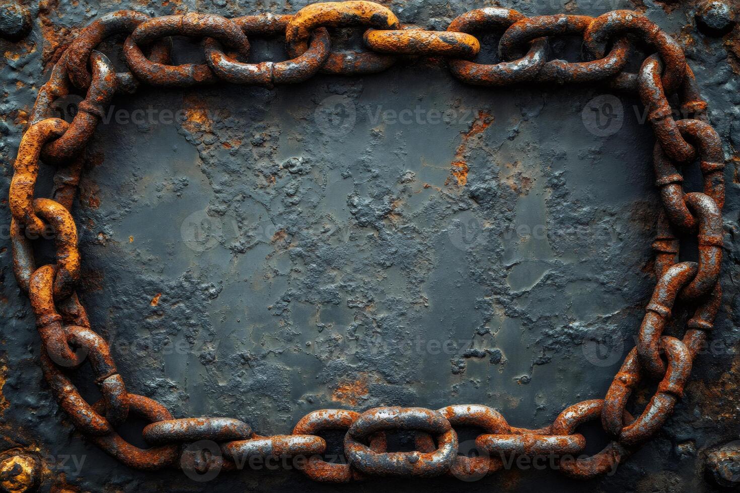 Rusty chain framing old weathered metal background creating copy space photo