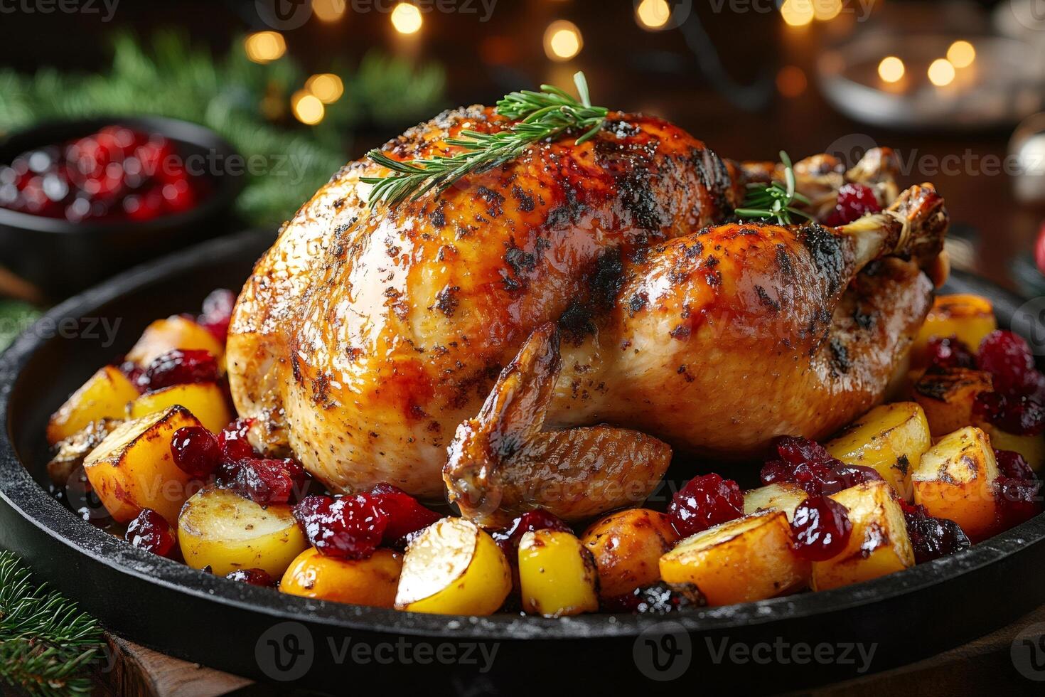 Christmas roasted turkey with potatoes and cranberries on festive table photo
