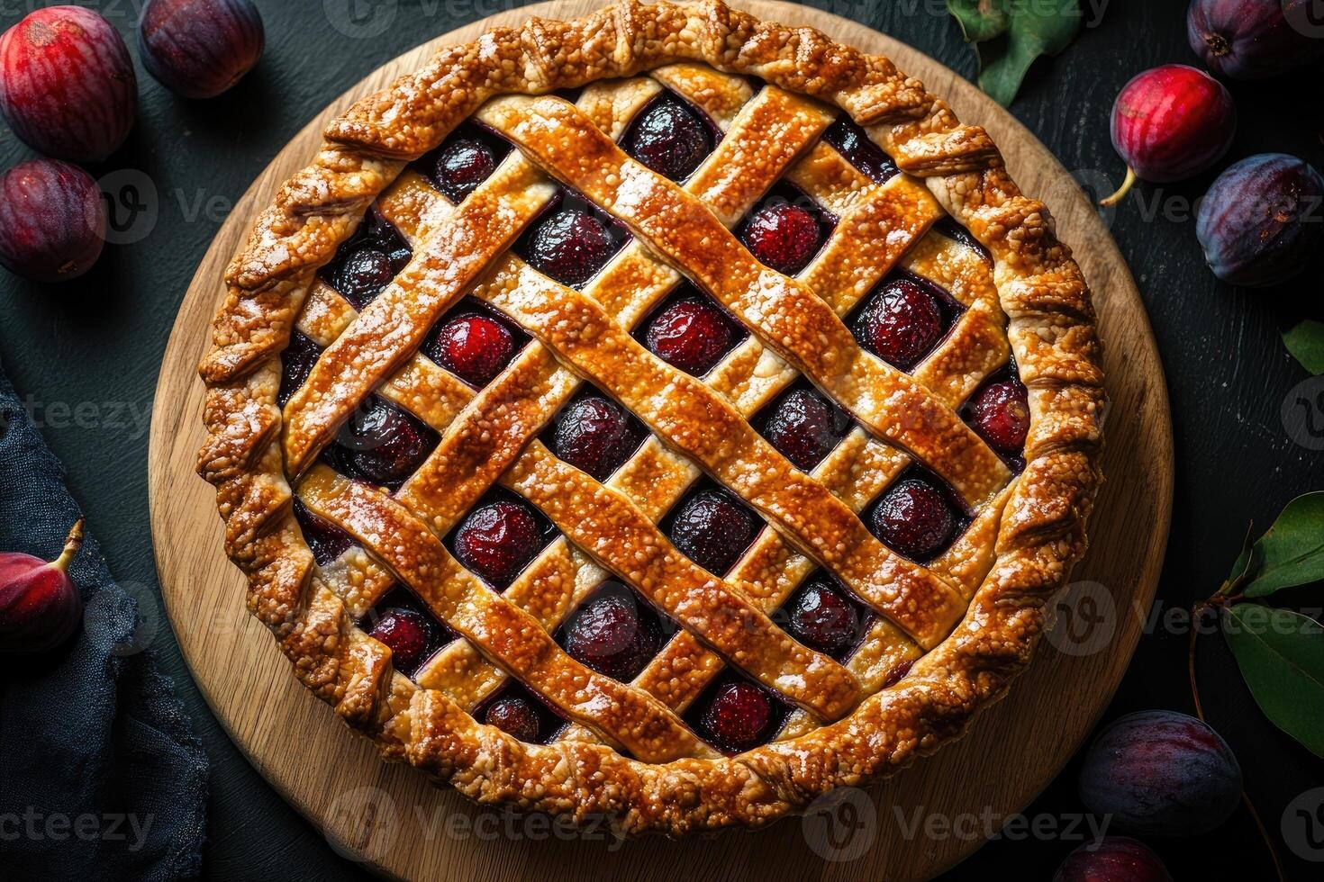 Delicious fig pie baking on wooden table with lattice crust photo