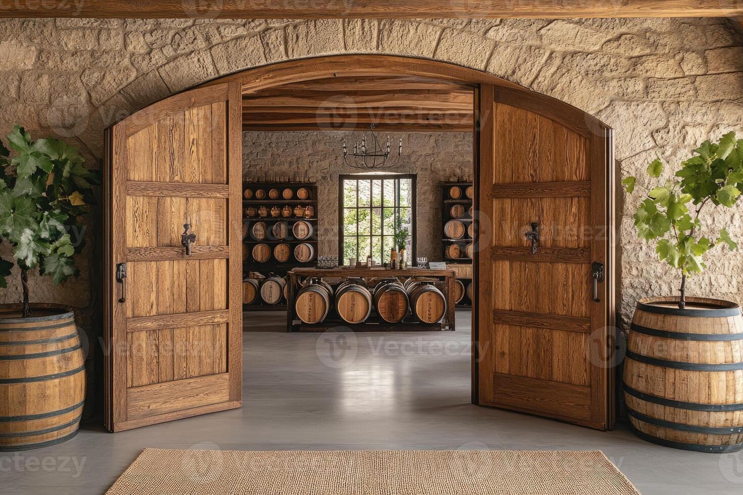 Large wooden door opening into wine cellar with barrels and stone walls photo