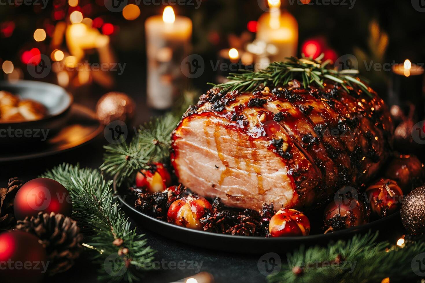 Christmas honey glazed ham decorated with rosemary and served on festive table photo