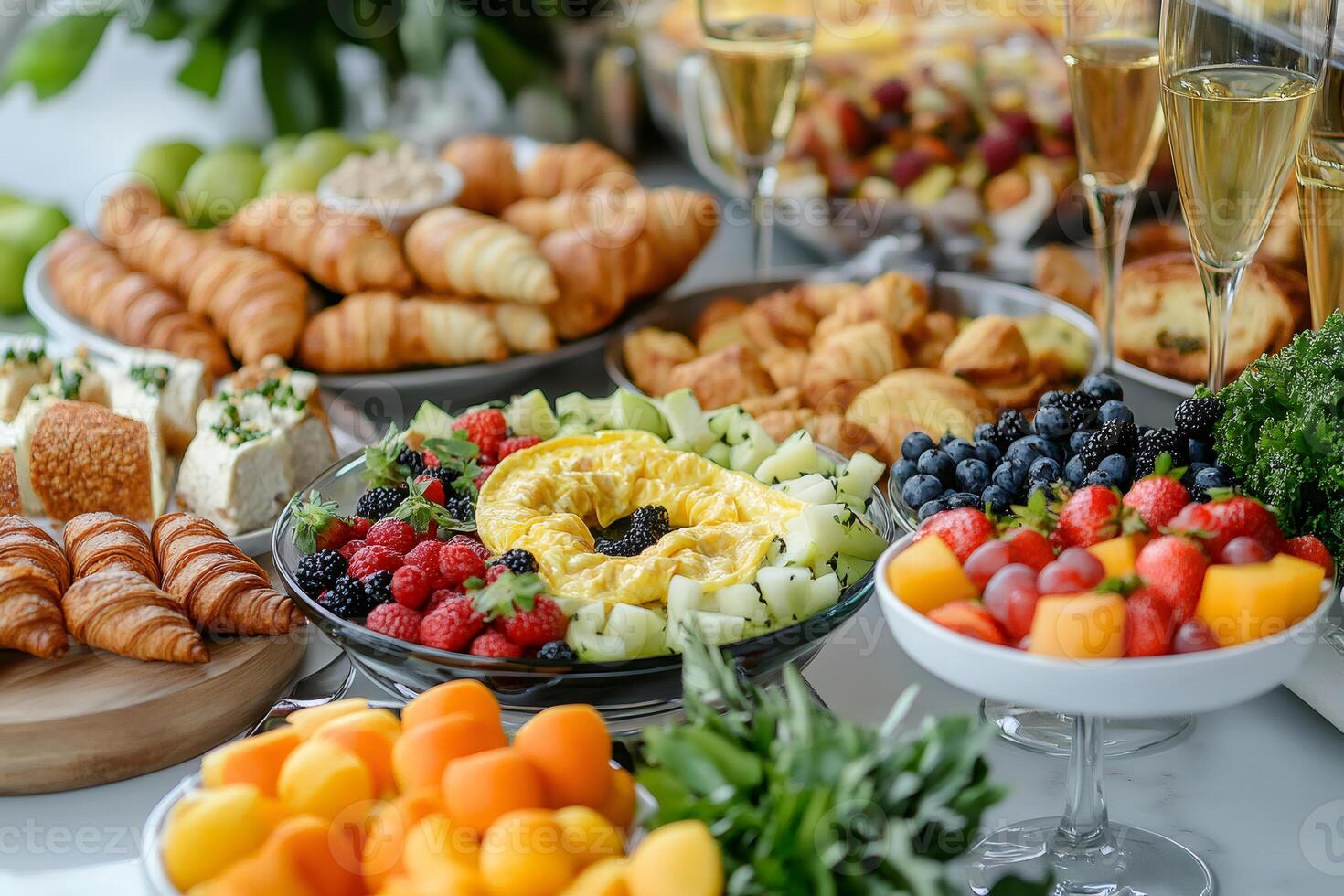 Luxury hotel breakfast buffet offering fresh fruit, pastries, and champagne photo