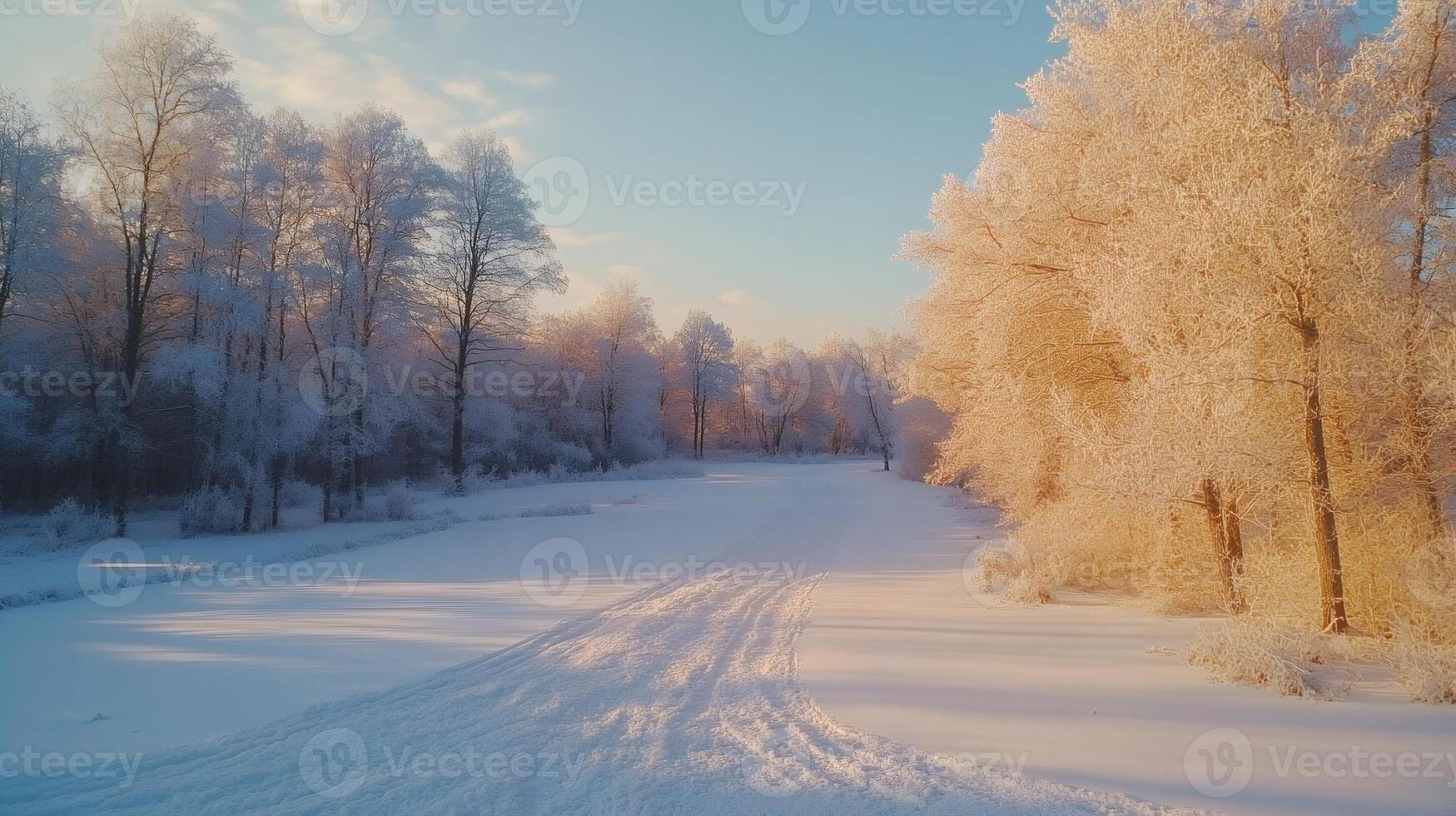 Snowy path winding through a frosty winter forest at dawn photo