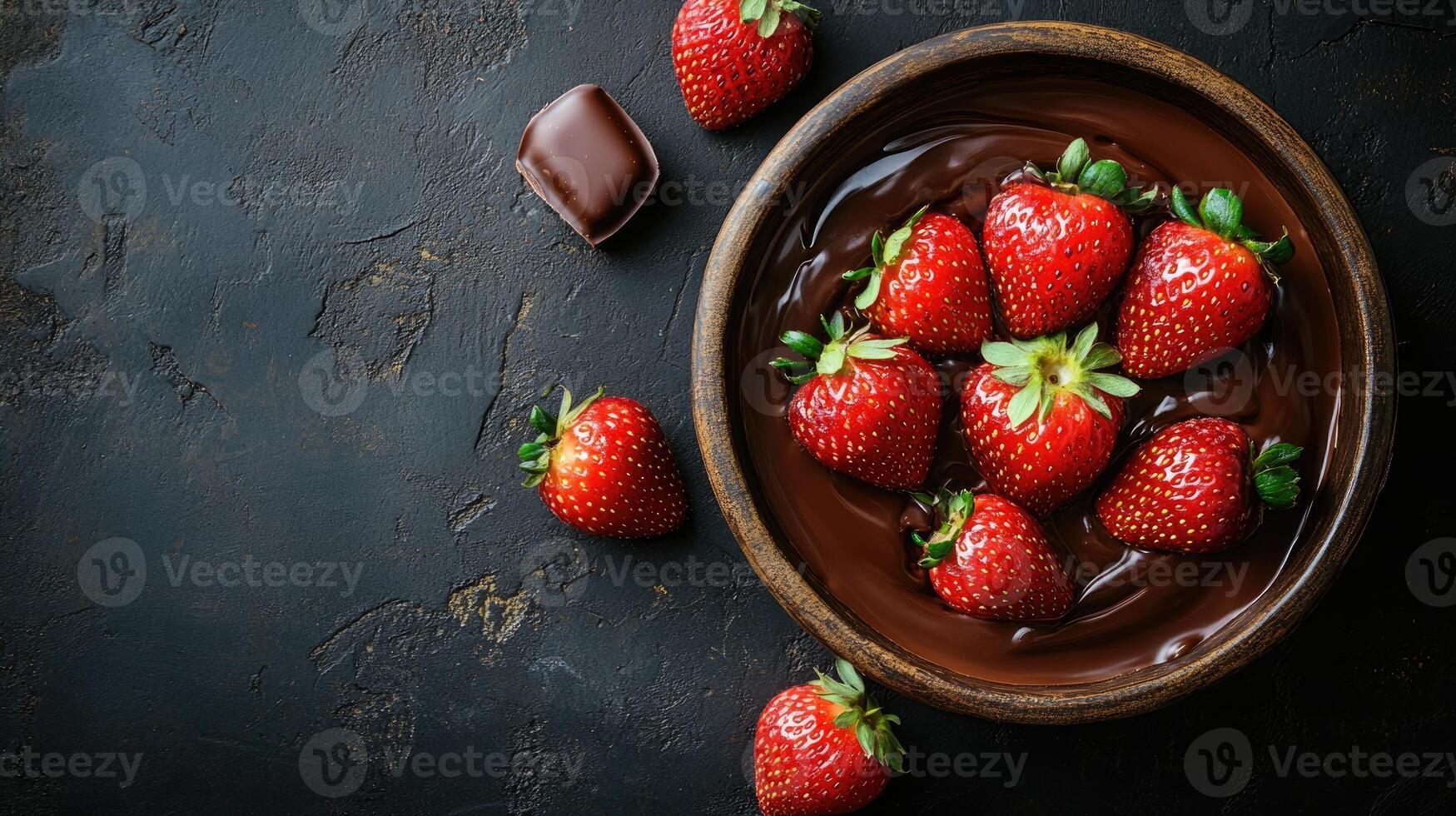Delicious strawberries dipped in dark chocolate fondue on dark background photo