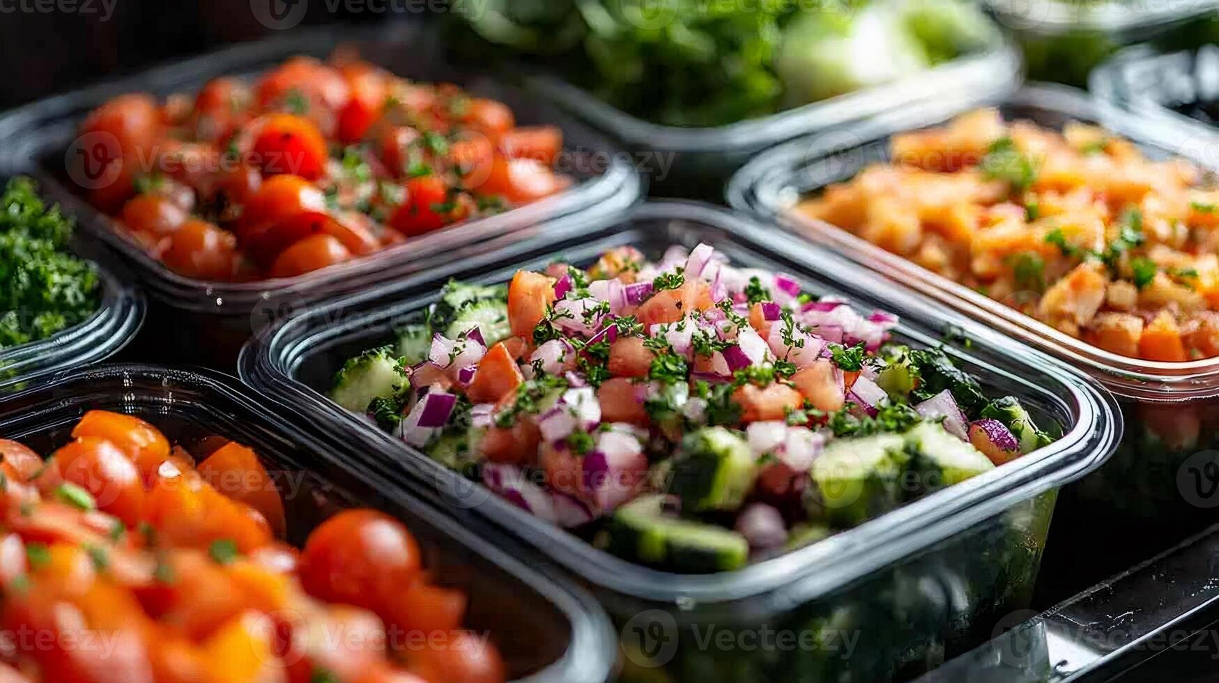 Plastic containers filled with chopped tomatoes, cucumbers, red onions, and parsley creating a healthy and vibrant display photo