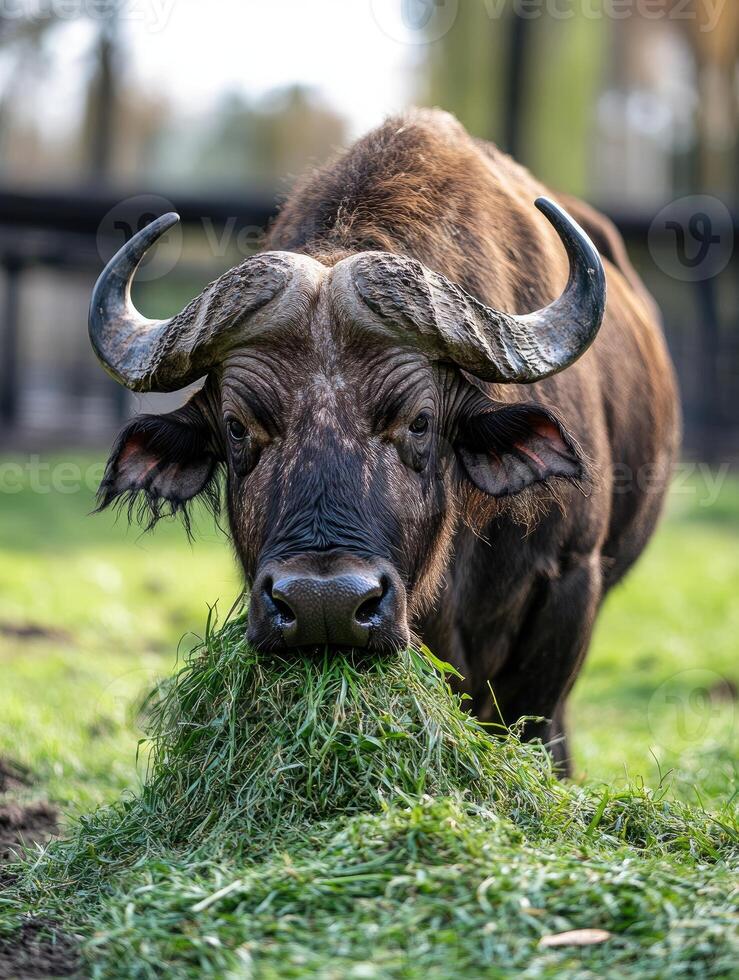 Big adult water buffalo grazing peacefully in green pasture photo