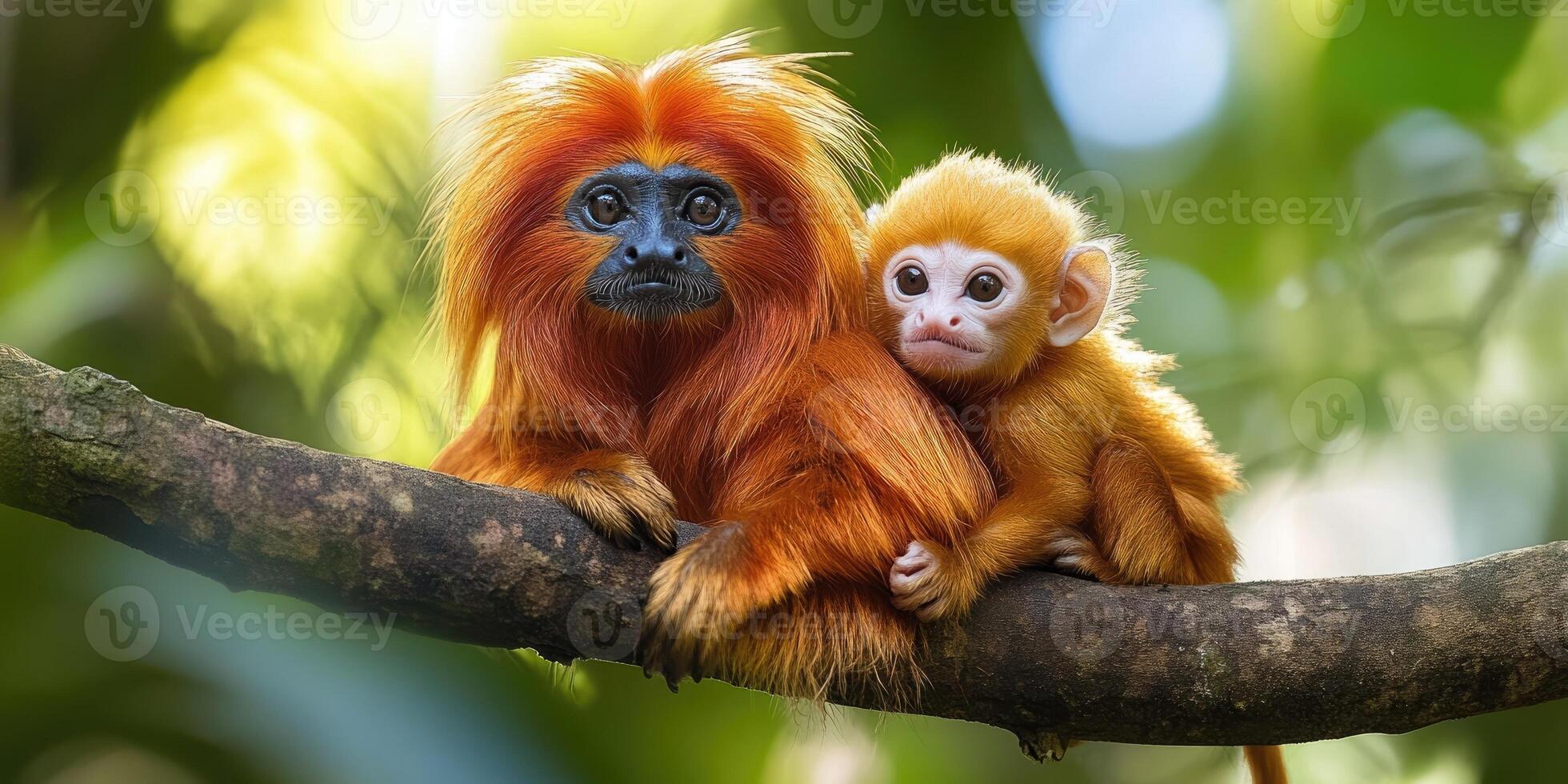 Golden lion tamarin and its baby resting on a branch photo