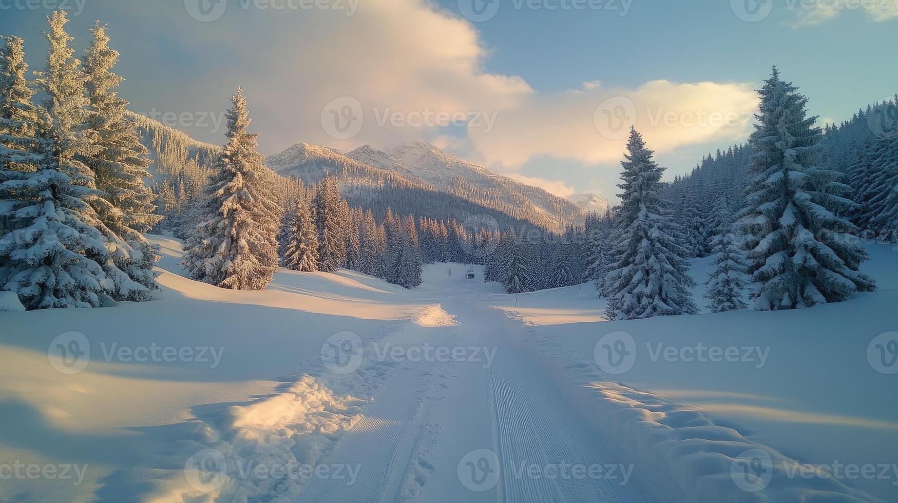 Cross-country skiing trail winding through snow-covered pine forest at sunrise in the mountains photo