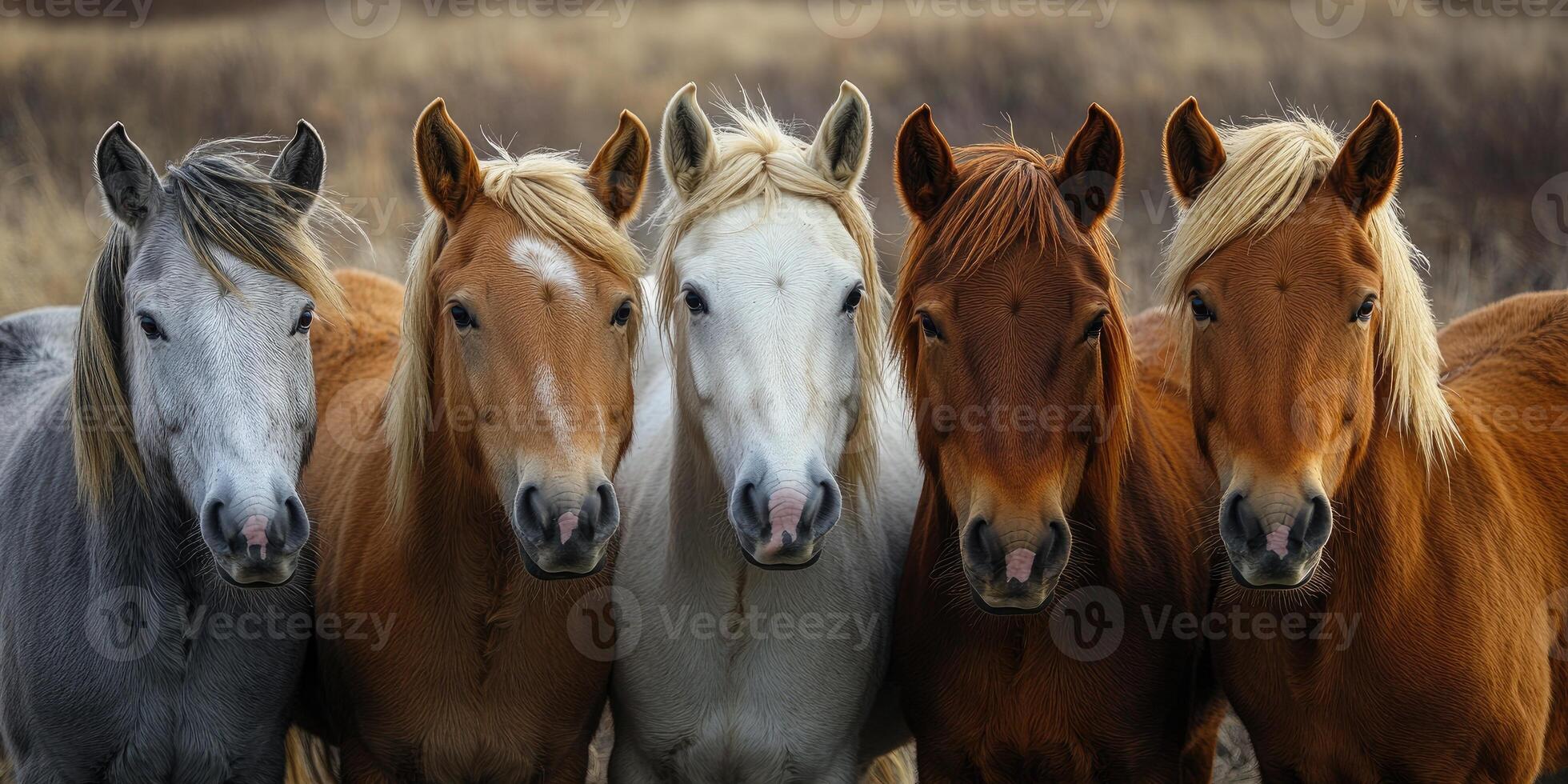 Five horses standing together in open field showing herd behavior photo