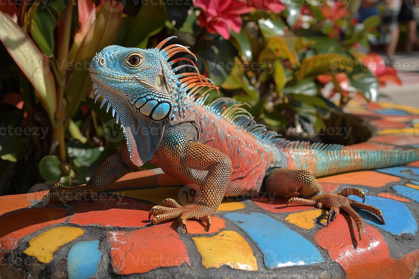 Colorful iguana resting on mosaic in tropical garden photo