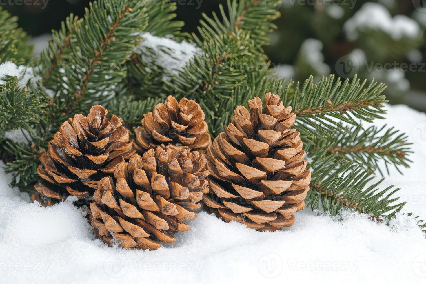 Pine cones resting on snow with fresh pine branches in background photo