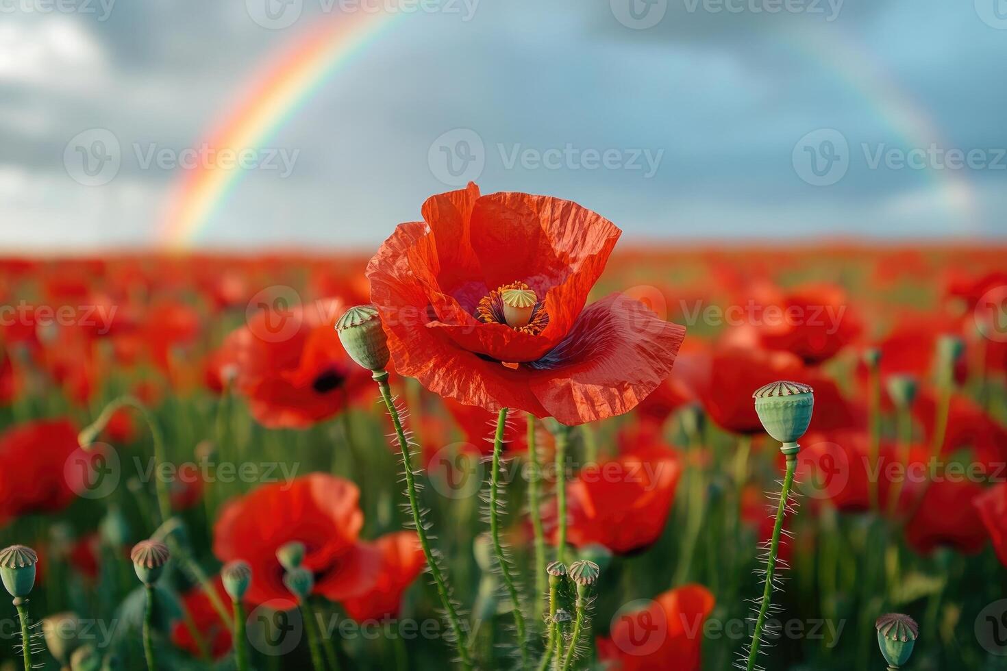 Red poppies blooming in field with rainbow vibrant poppy flowers in nature's colorful display photo