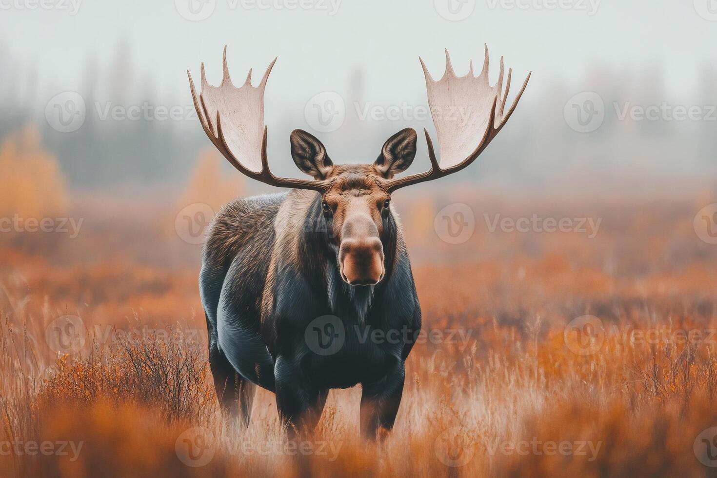 Large bull moose standing in field of orange grass photo