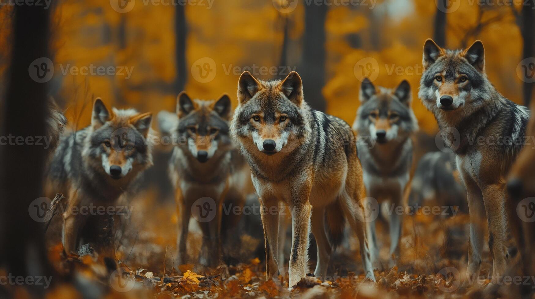 Wolf pack standing in the autumn forest photo