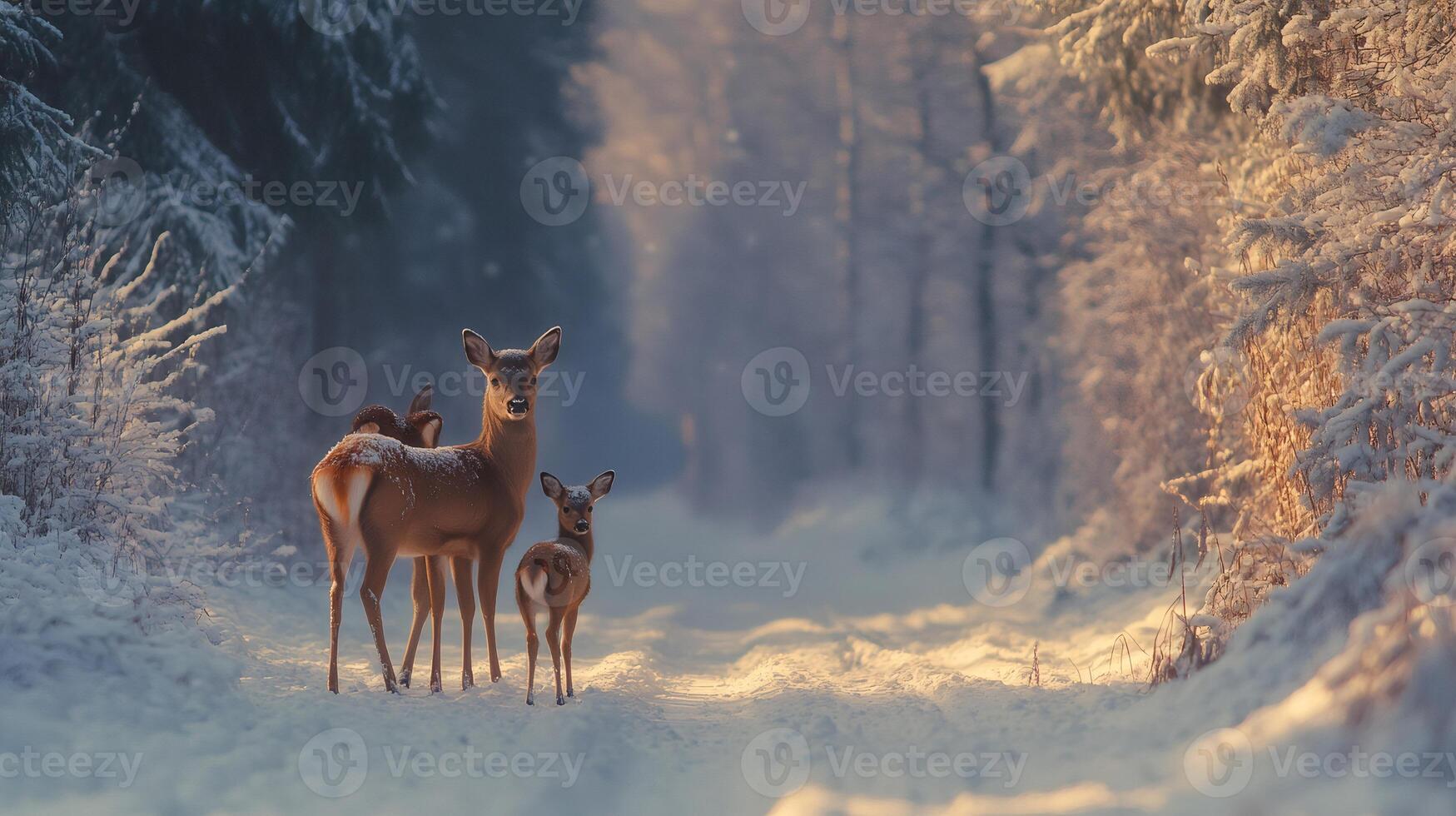 Deer family standing on snowy path in winter forest at sunset photo