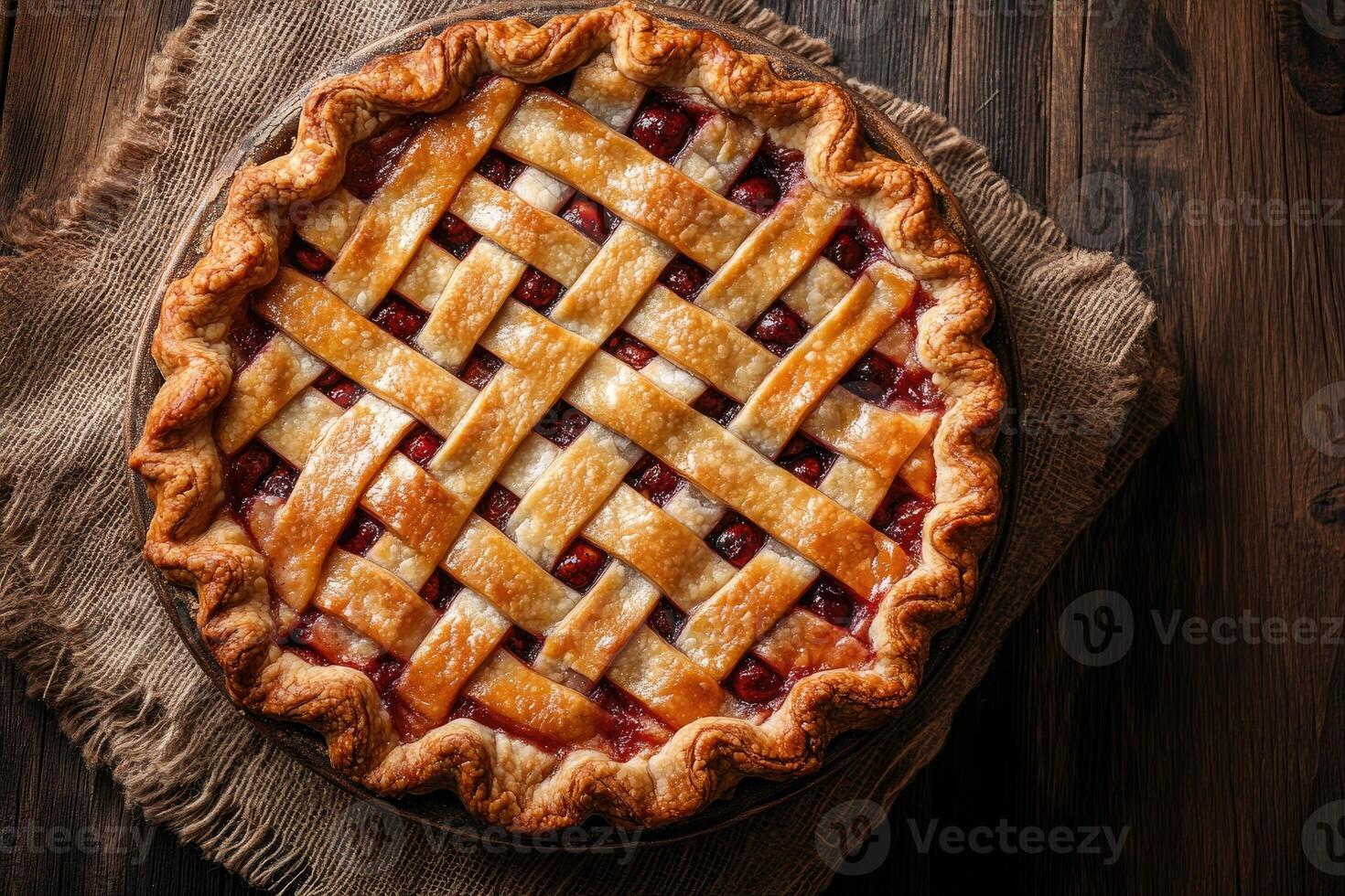Delicious fig pie baking on wooden table with lattice crust photo