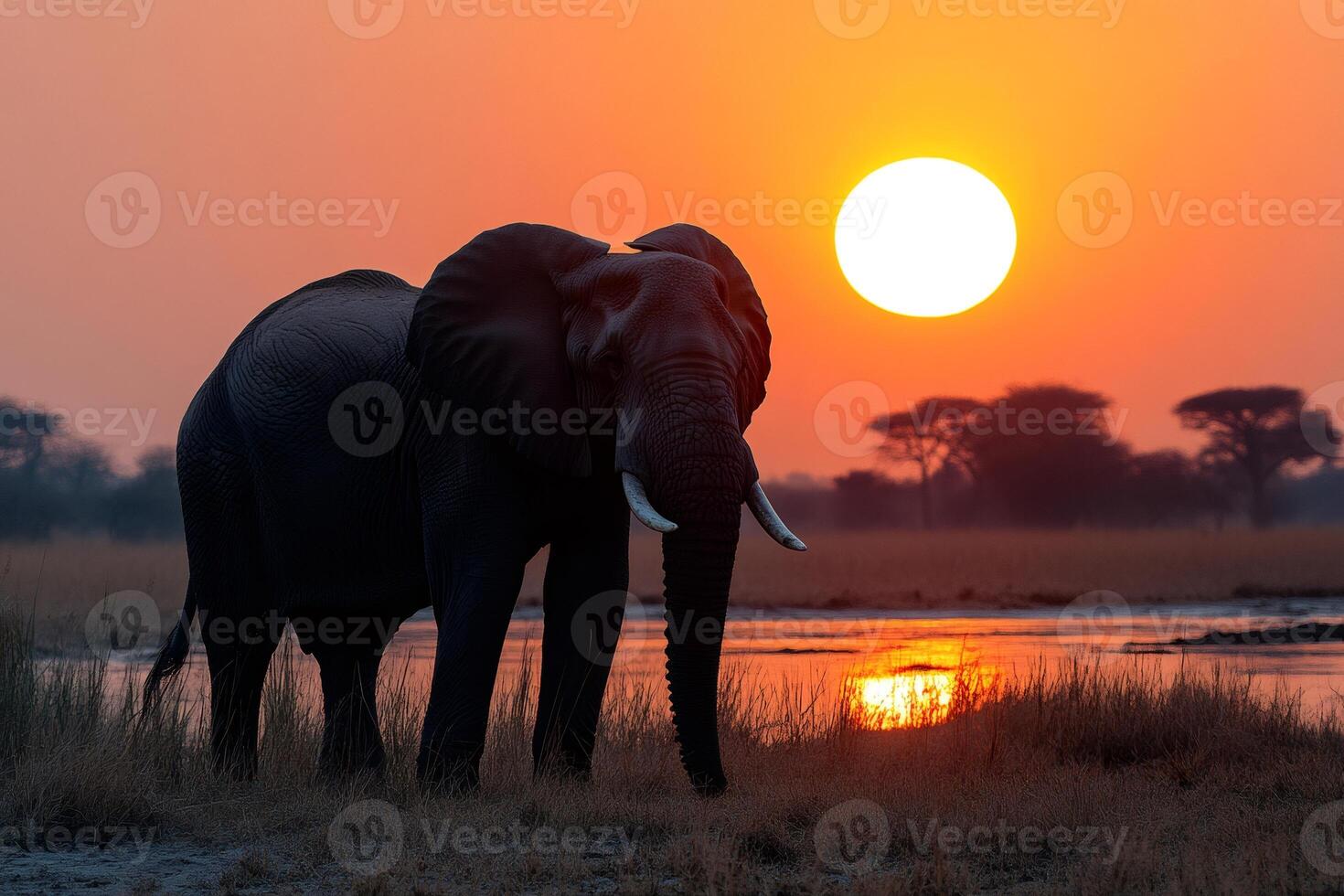 Majestic elephant standing in the african savannah at sunset photo