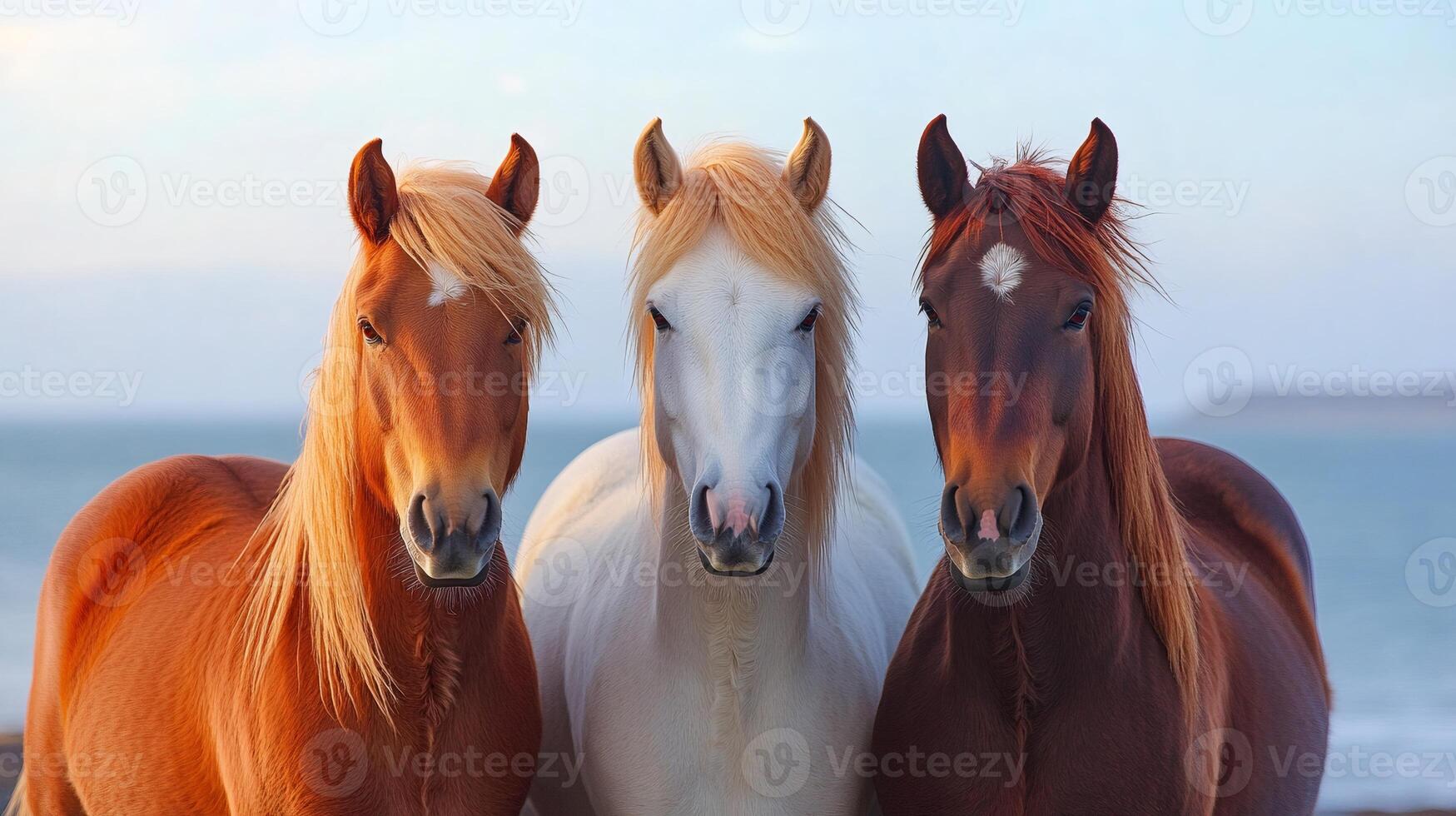 Three horses posing on beach at sunset photo