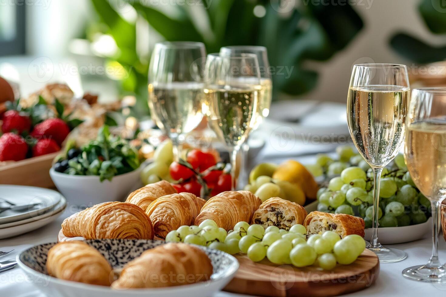 Festive brunch table setting featuring croissants, fruits, and champagne glasses photo