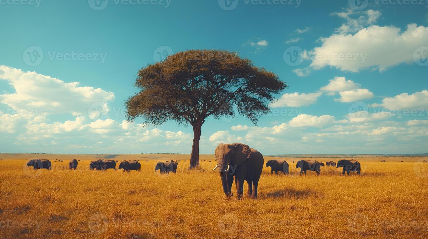 Elephants roaming in the african savanna under a majestic tree photo