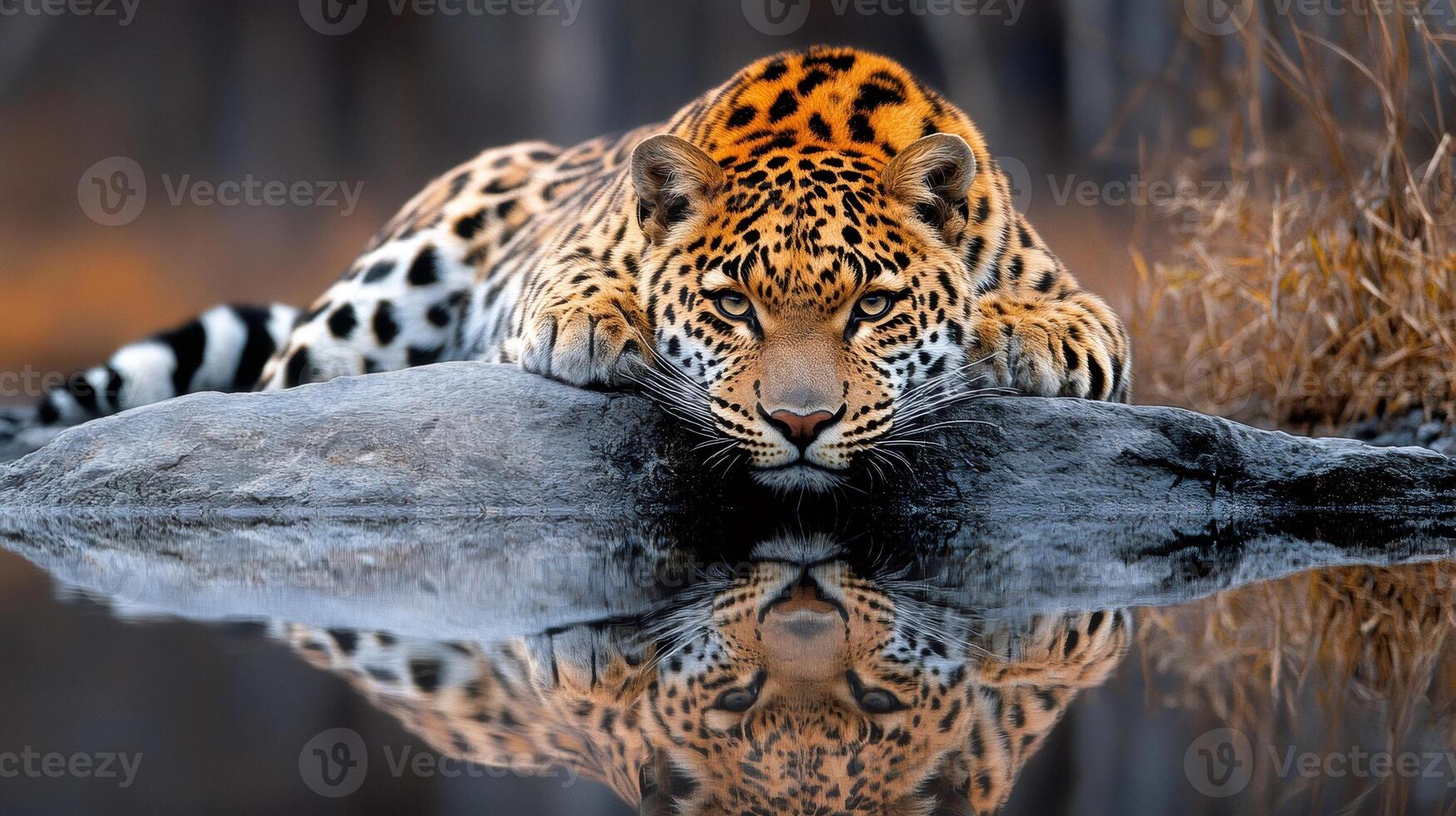 Leopard resting on rock with reflection in water photo