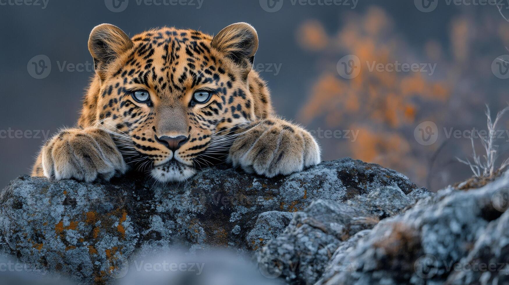 Leopard resting on rocks in wildlife habitat photo