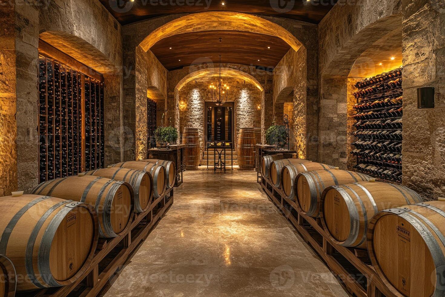 Wine cellar storing oak barrels and wine bottles showing traditional interior design photo