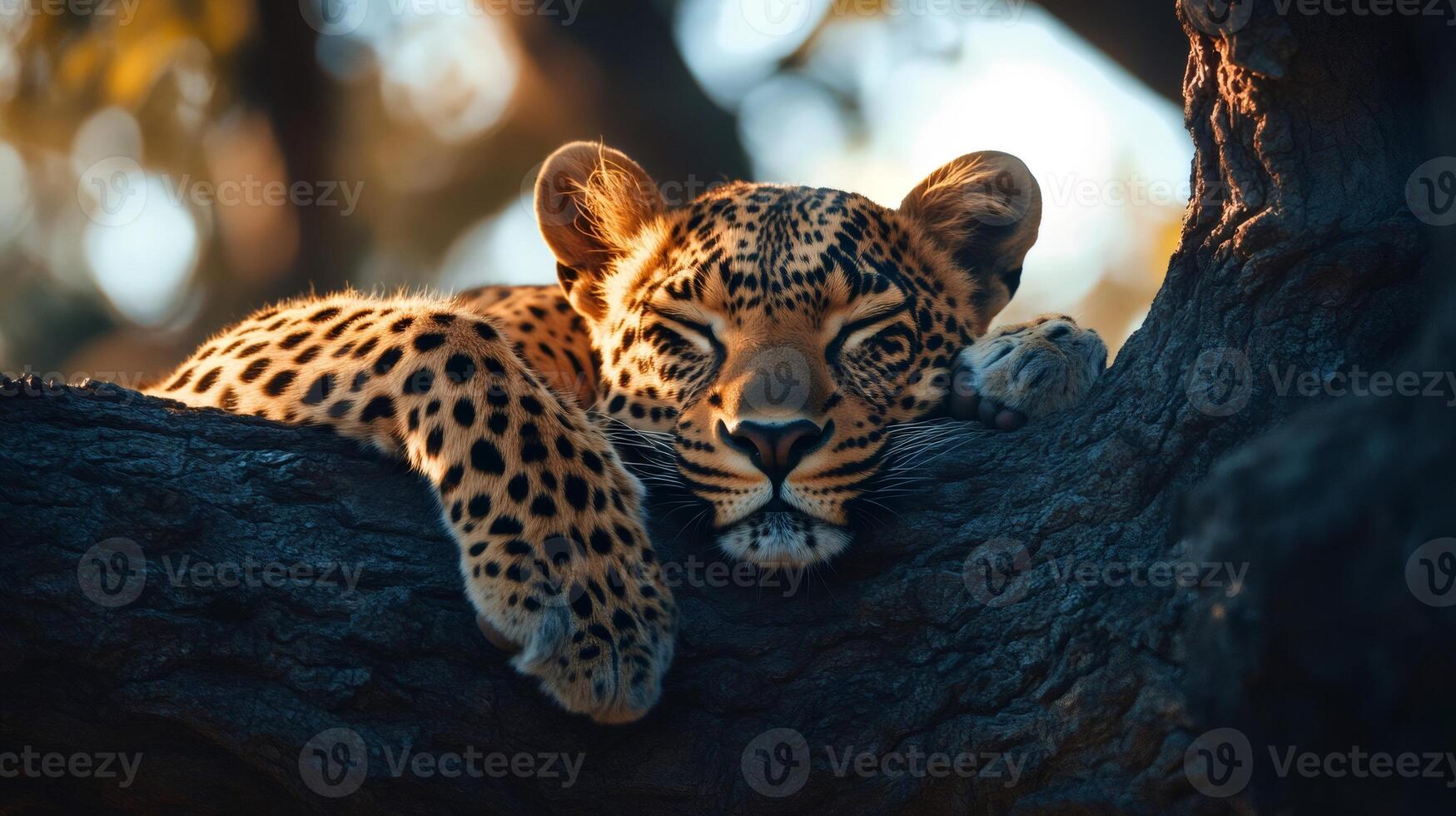 Leopard sleeping peacefully on a tree branch in warm sunlight photo