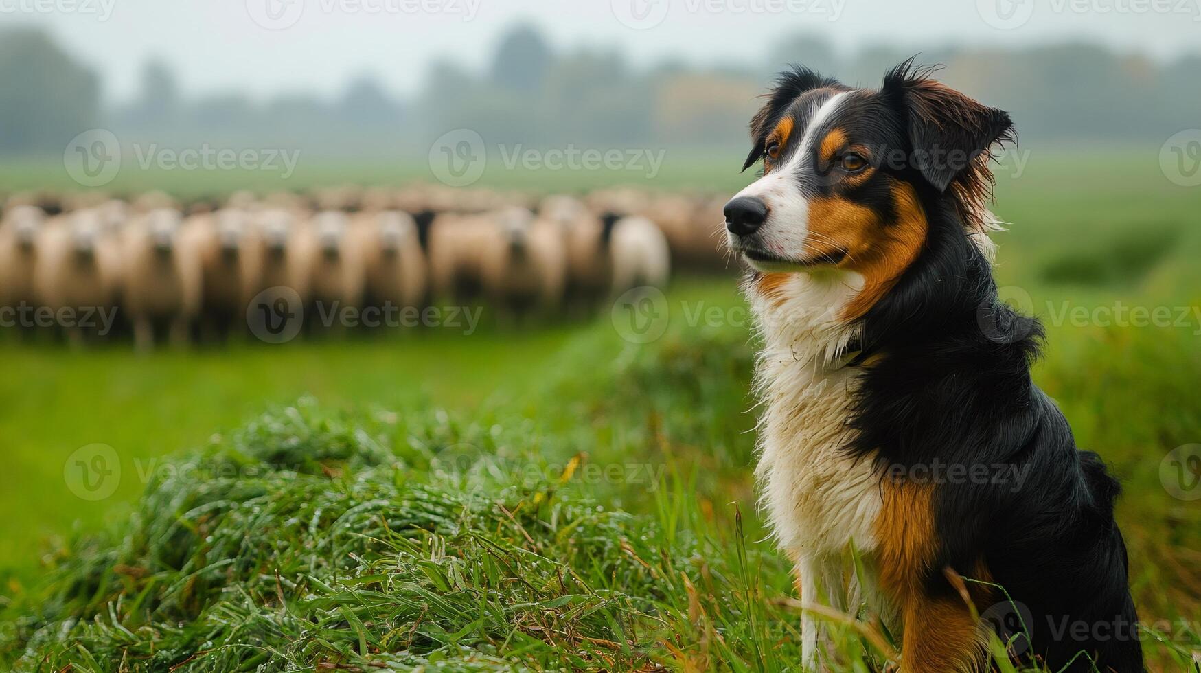 Border collie guarding sheep in green field on misty day photo