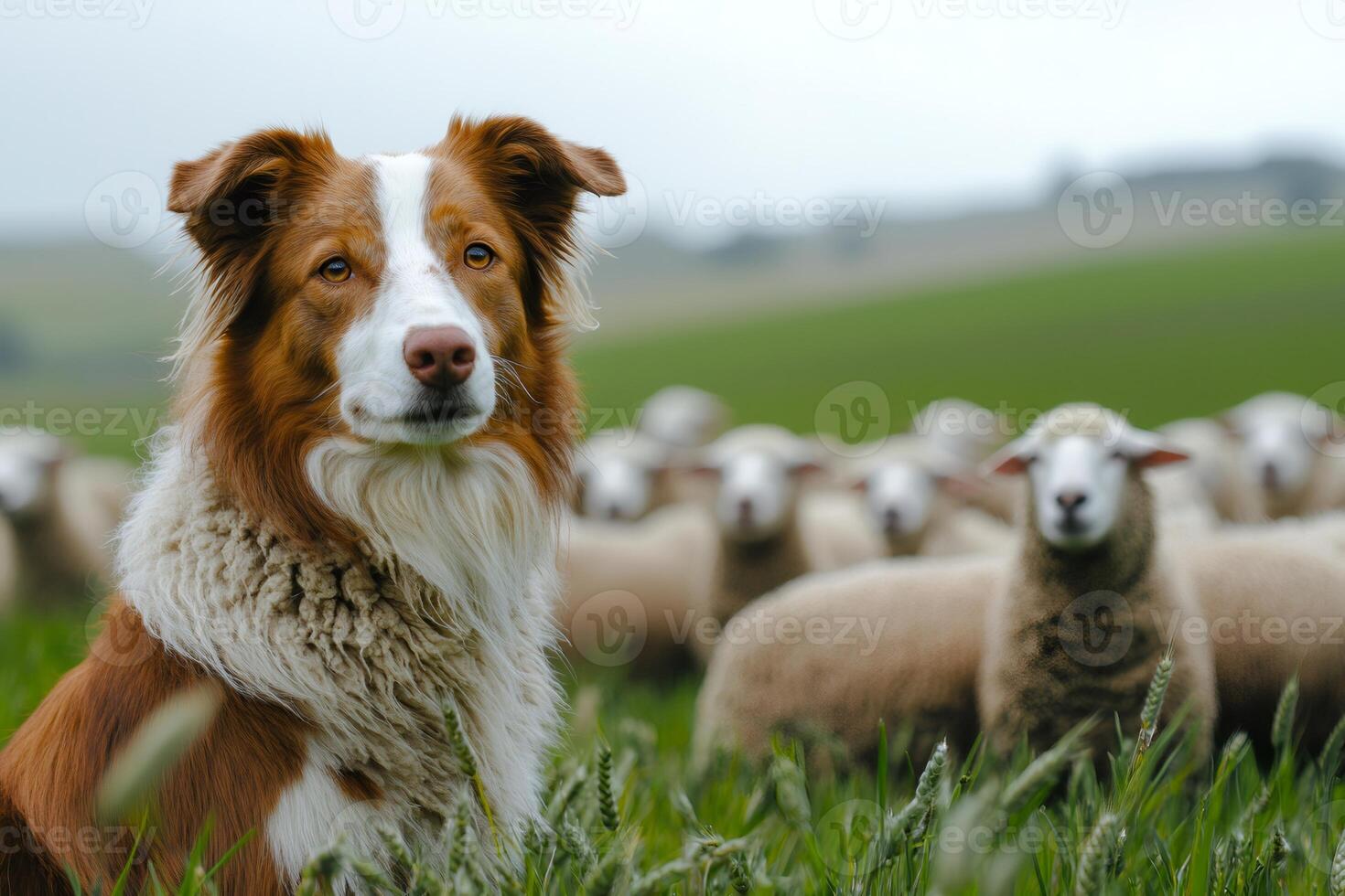 Australian shepherd dog guarding flock of sheep in green field photo