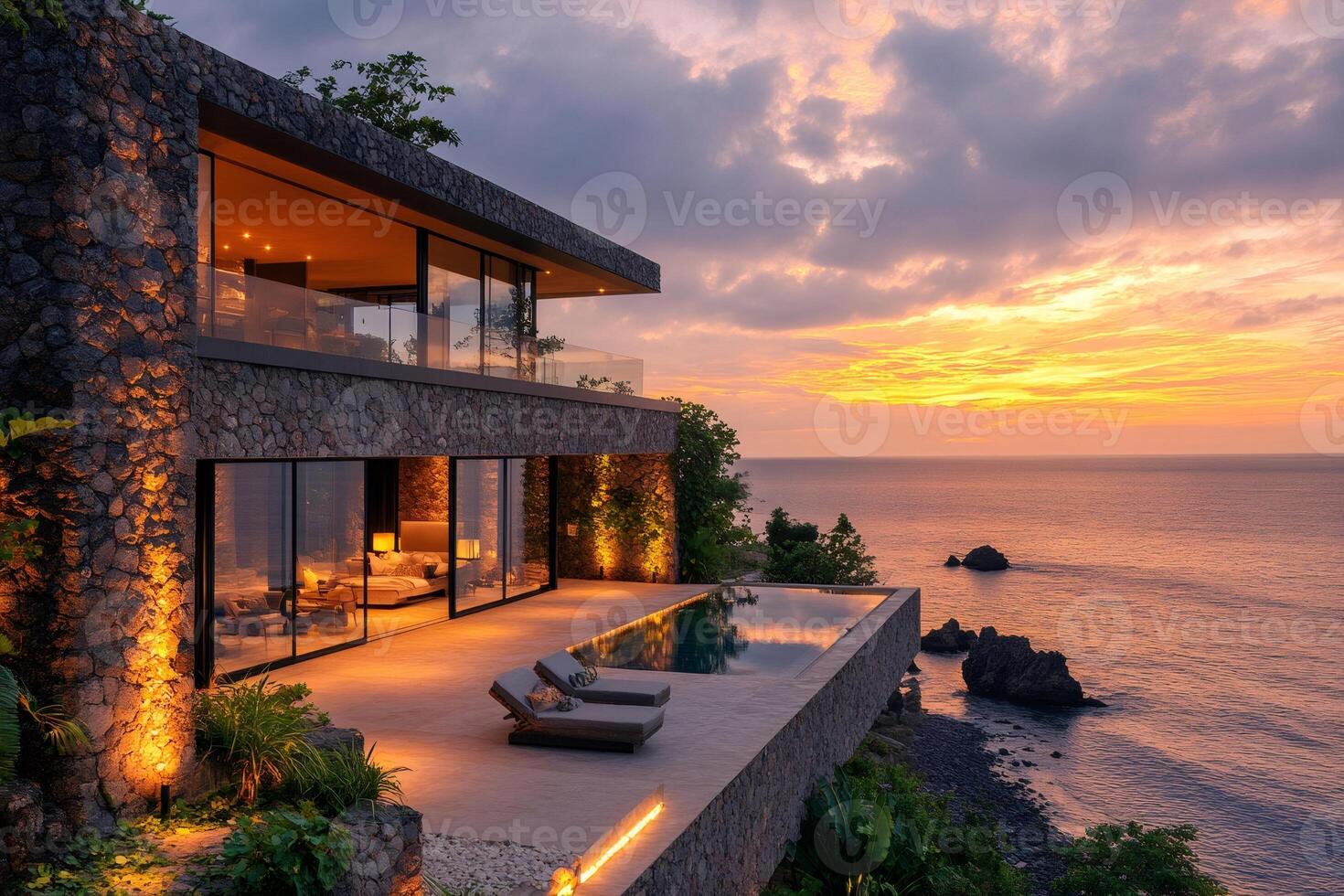 Luxurious cliffside villa enjoying stunning ocean sunset view with infinity pool photo