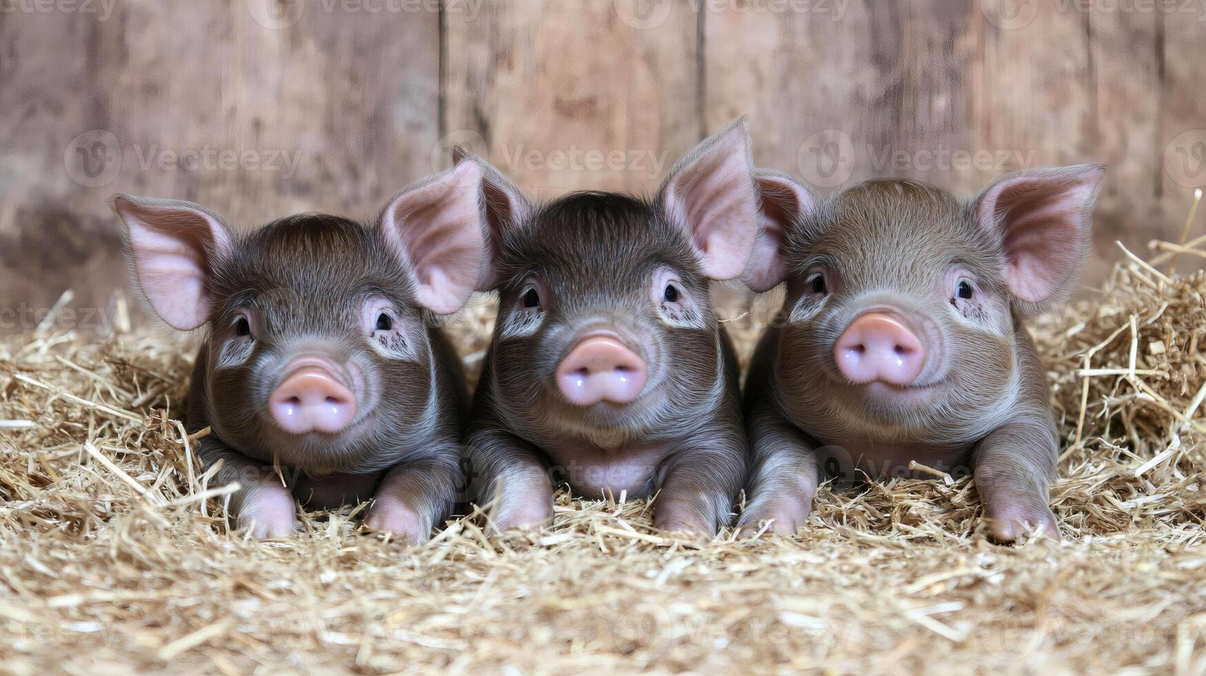 Three cute little pigs lying on straw in a barn photo