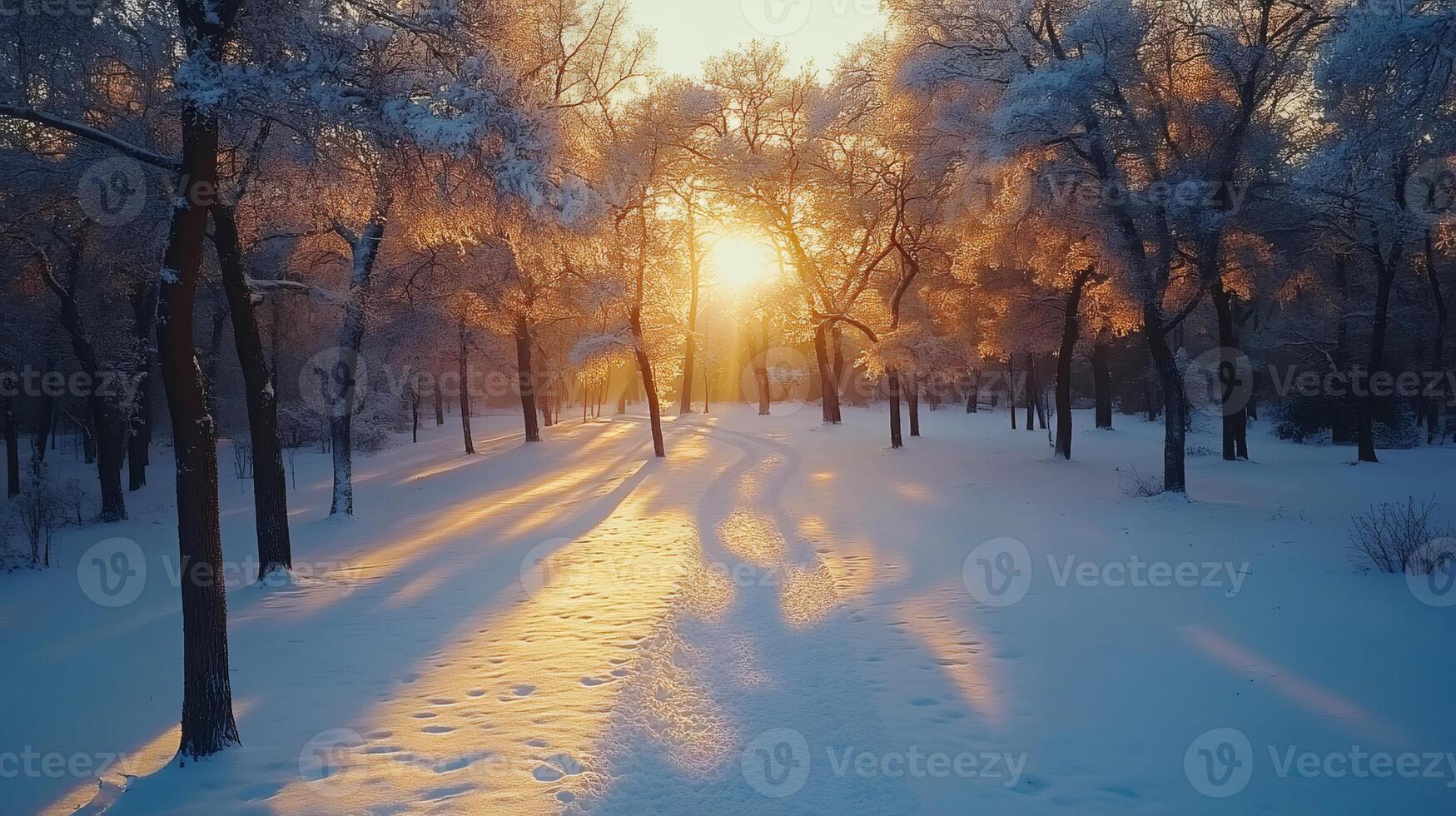 Golden sunlight shining through snowy trees in winter park photo