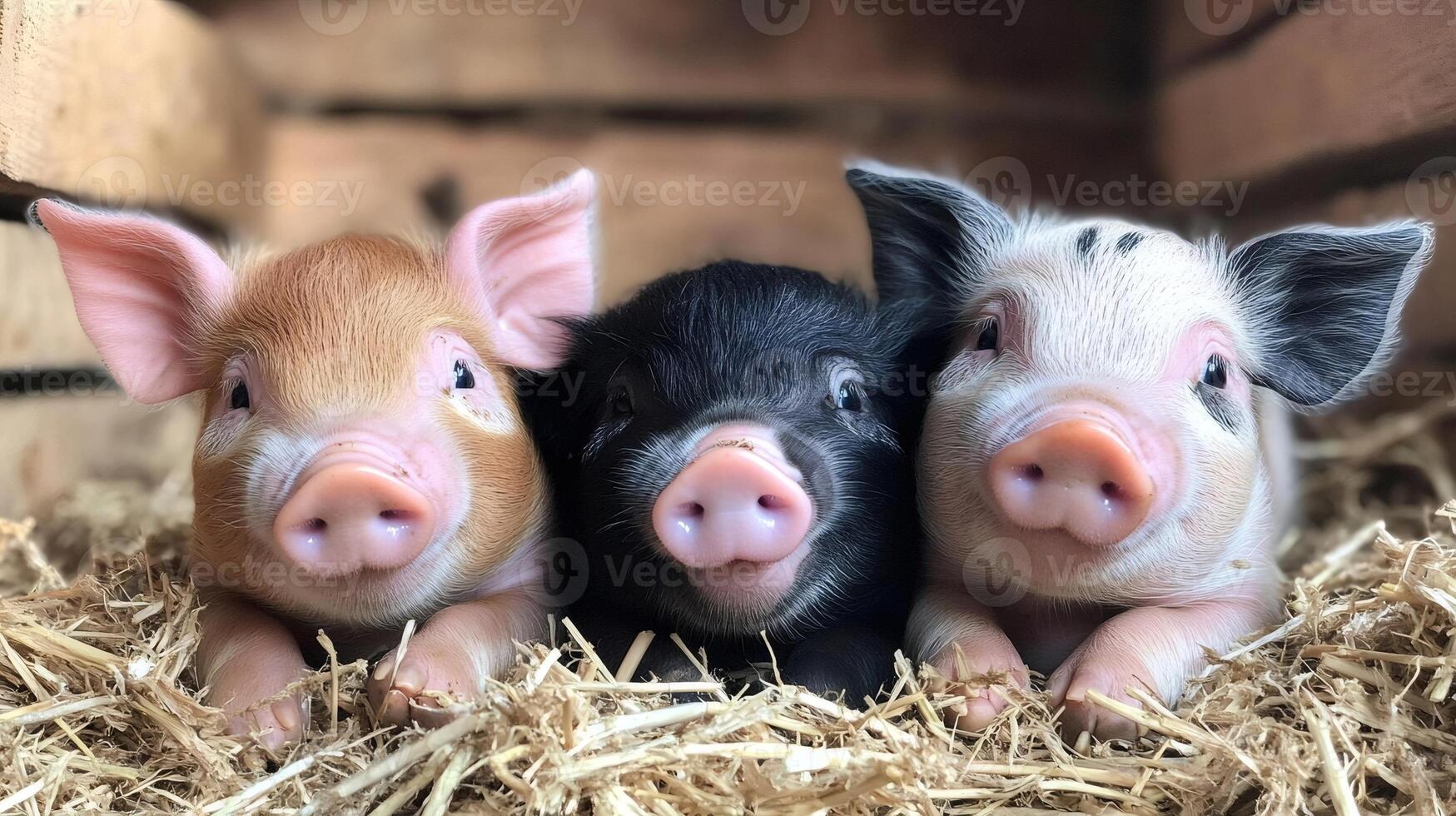 Three piglets resting on straw in a wooden enclosure photo