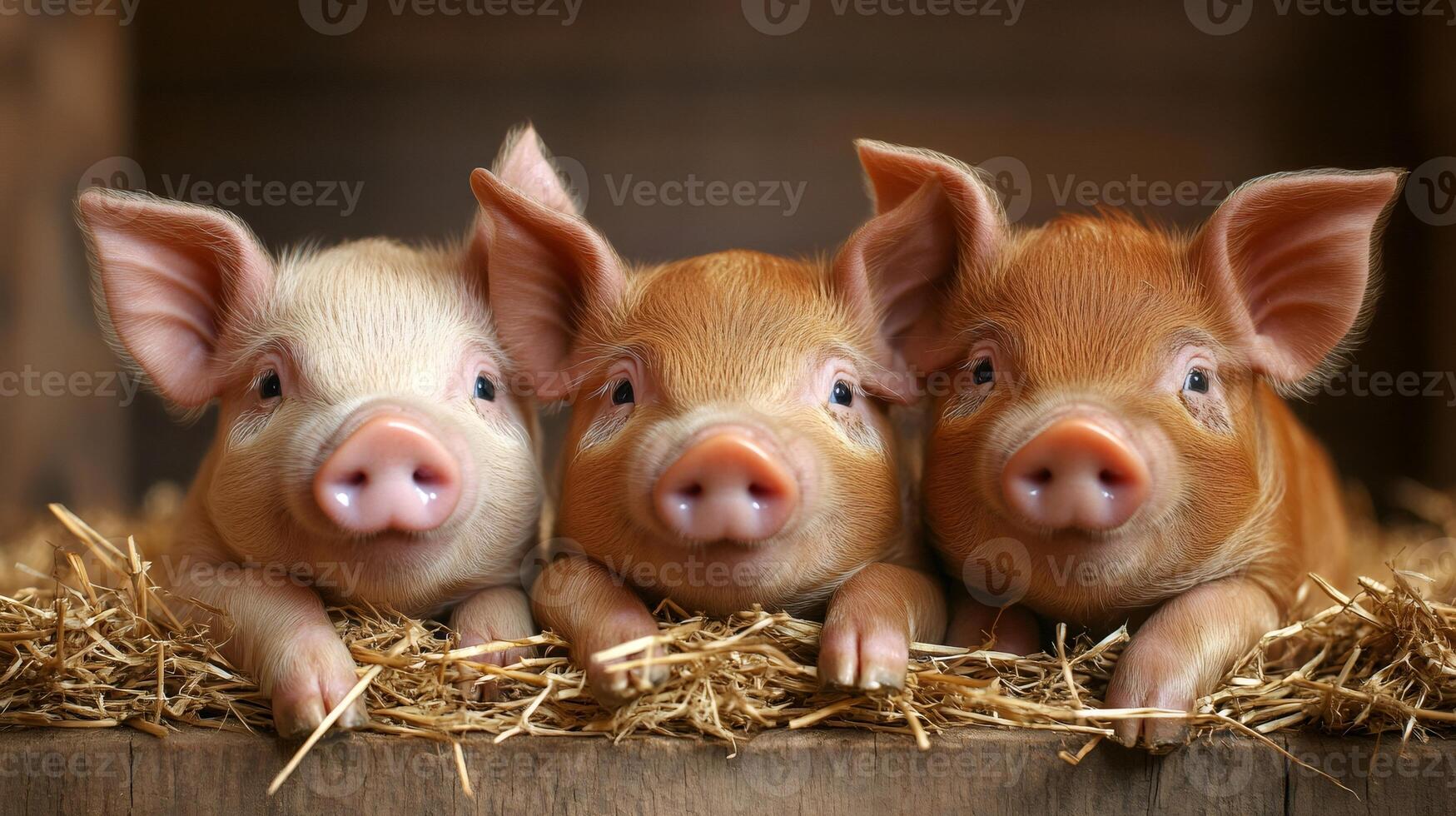 Three piglets resting on straw in a barn photo