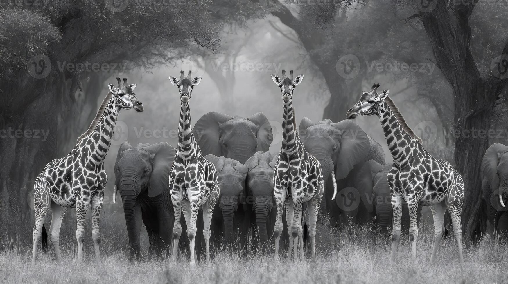 Herd of elephants and giraffes standing together in black and white photo