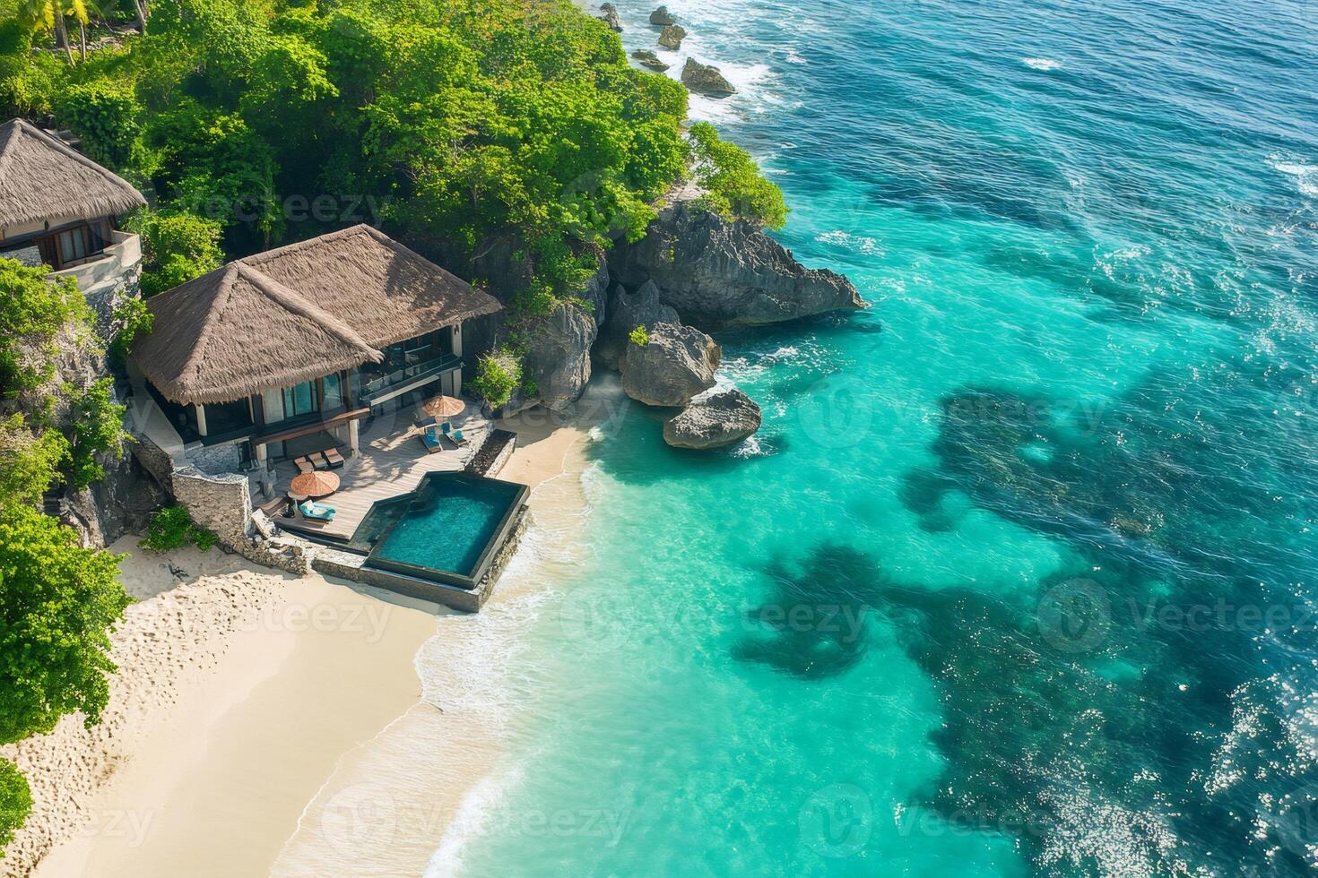 Luxury resort nestled on cliffside with infinity pool overlooking turquoise ocean in nusa penida, bali photo