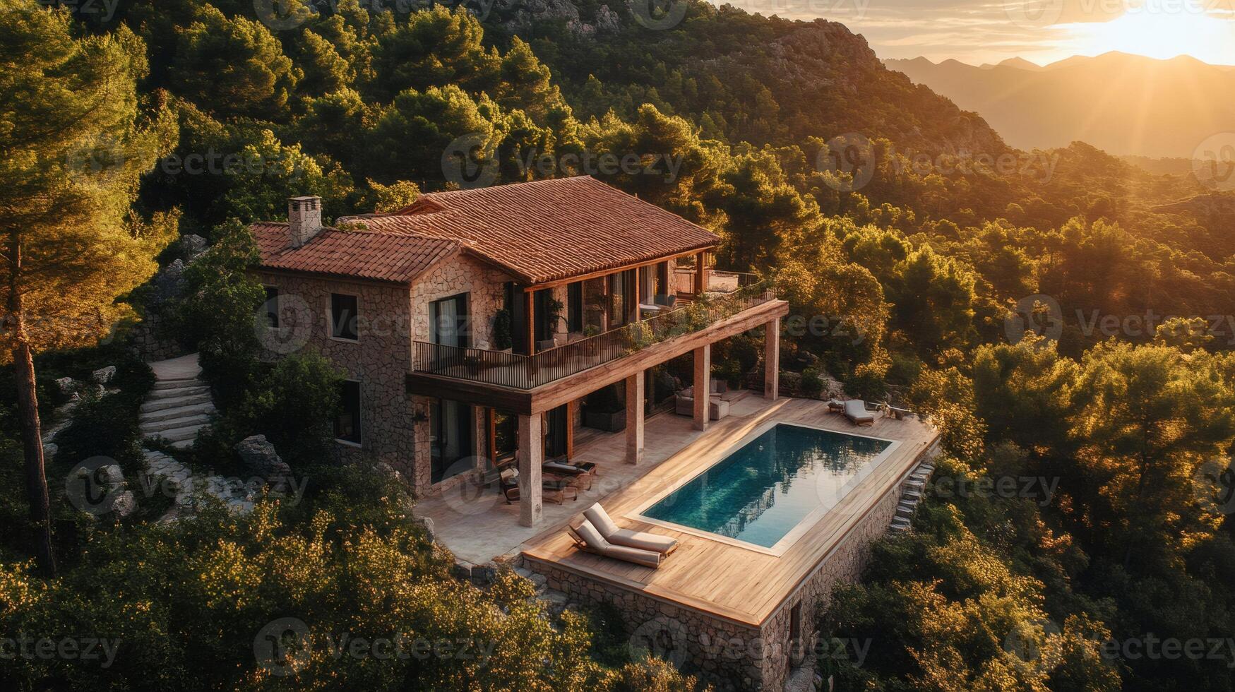Luxury villa overlooking mountains with infinity pool during golden hour photo
