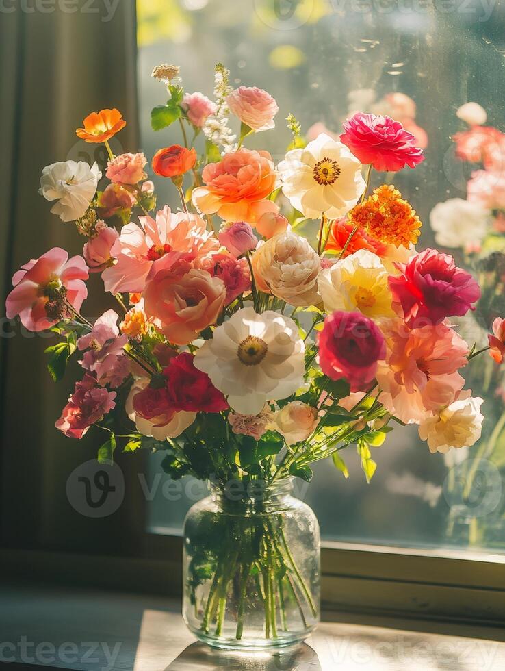 Colorful bouquet of flowers resting on a windowsill, illuminated by sunlight photo