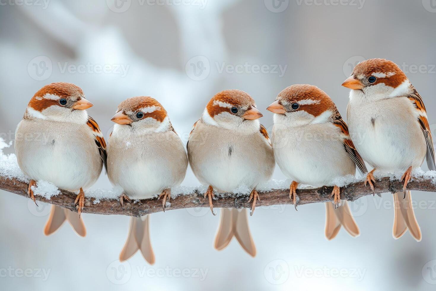 Five sparrows sitting on a snowy branch in winter photo