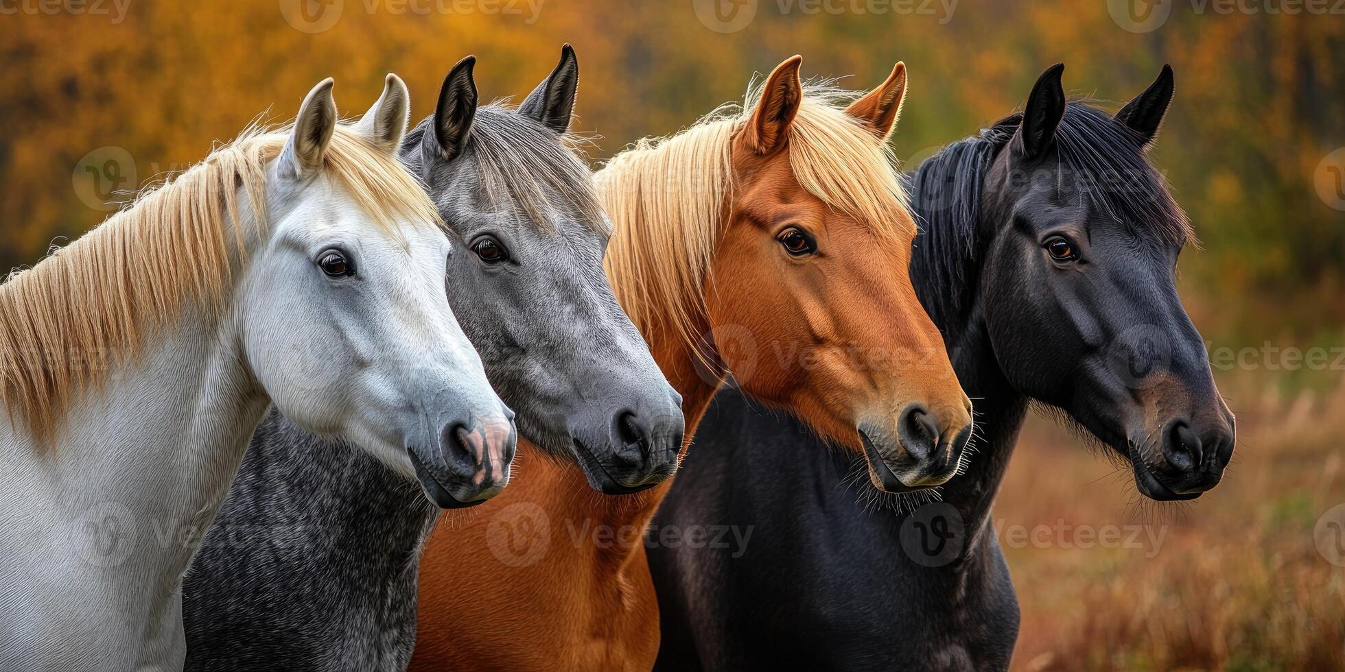 Four horses posing together in autumn landscape photo