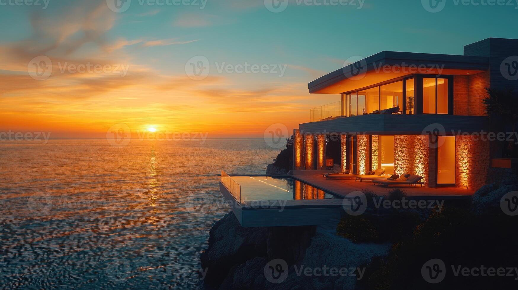 Modern luxury cliffside villa overlooking tranquil ocean at sunset photo