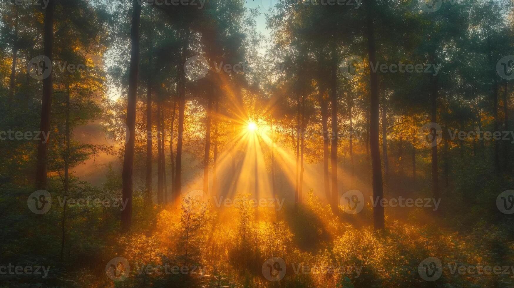 Sunbeams are illuminating a misty forest at golden sunrise photo