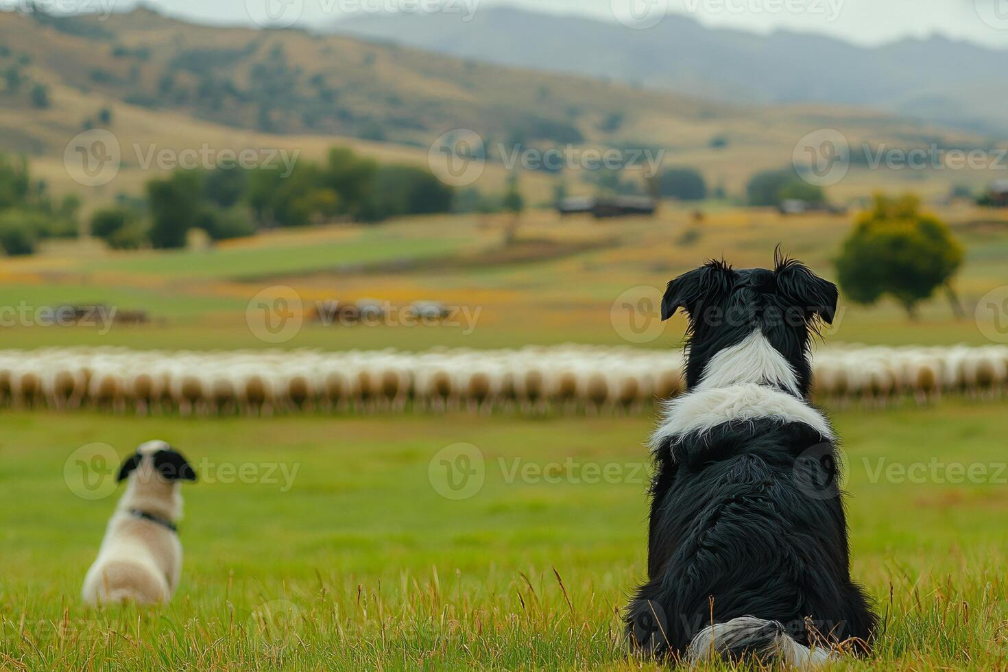 Border collie and sheepdog watching over grazing sheep in green meadow photo