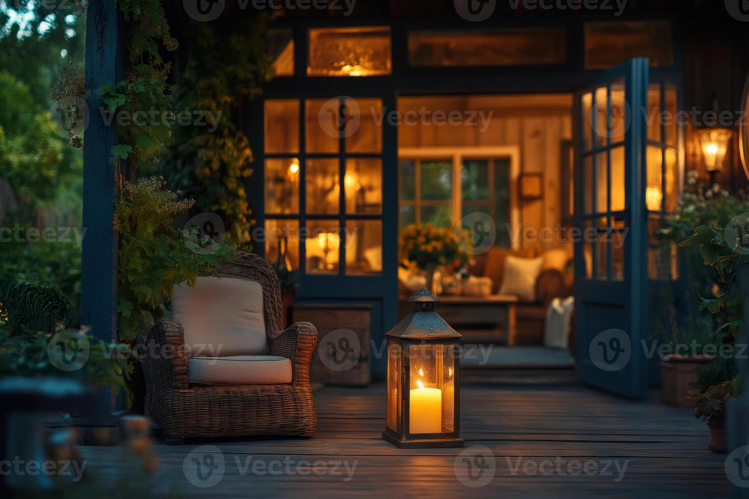 Candle lantern illuminating cozy porch of wooden cottage at dusk photo