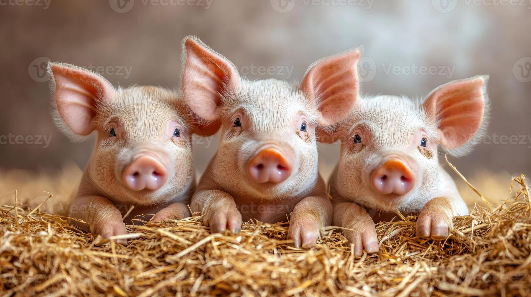 Three cute piglets resting on straw in a farm photo