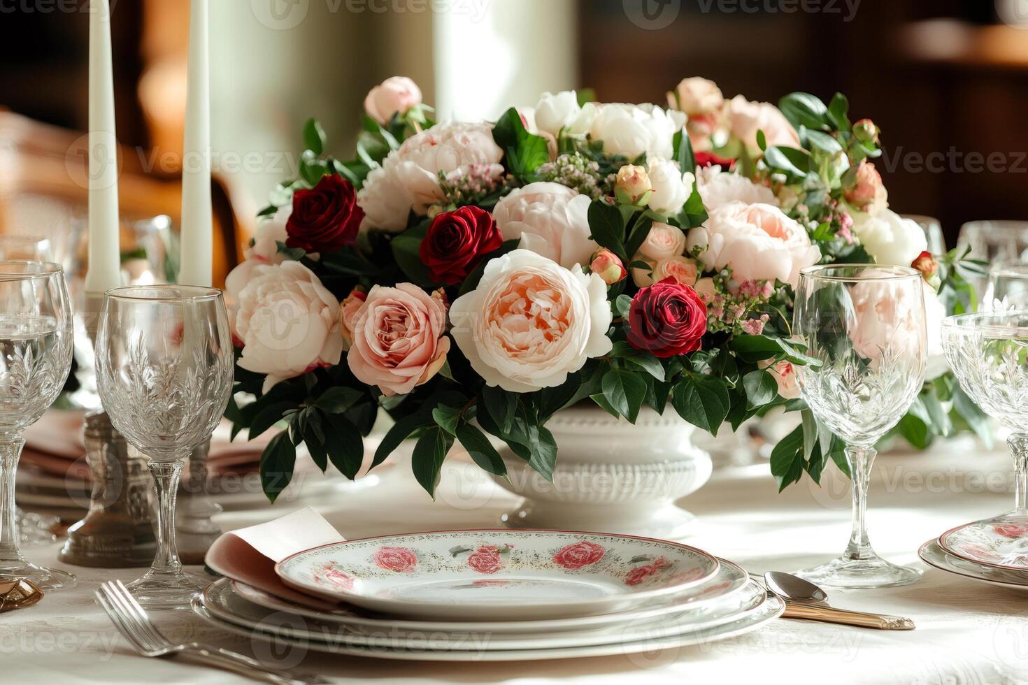 Elegant table setting with lush flower arrangement for romantic dinner photo